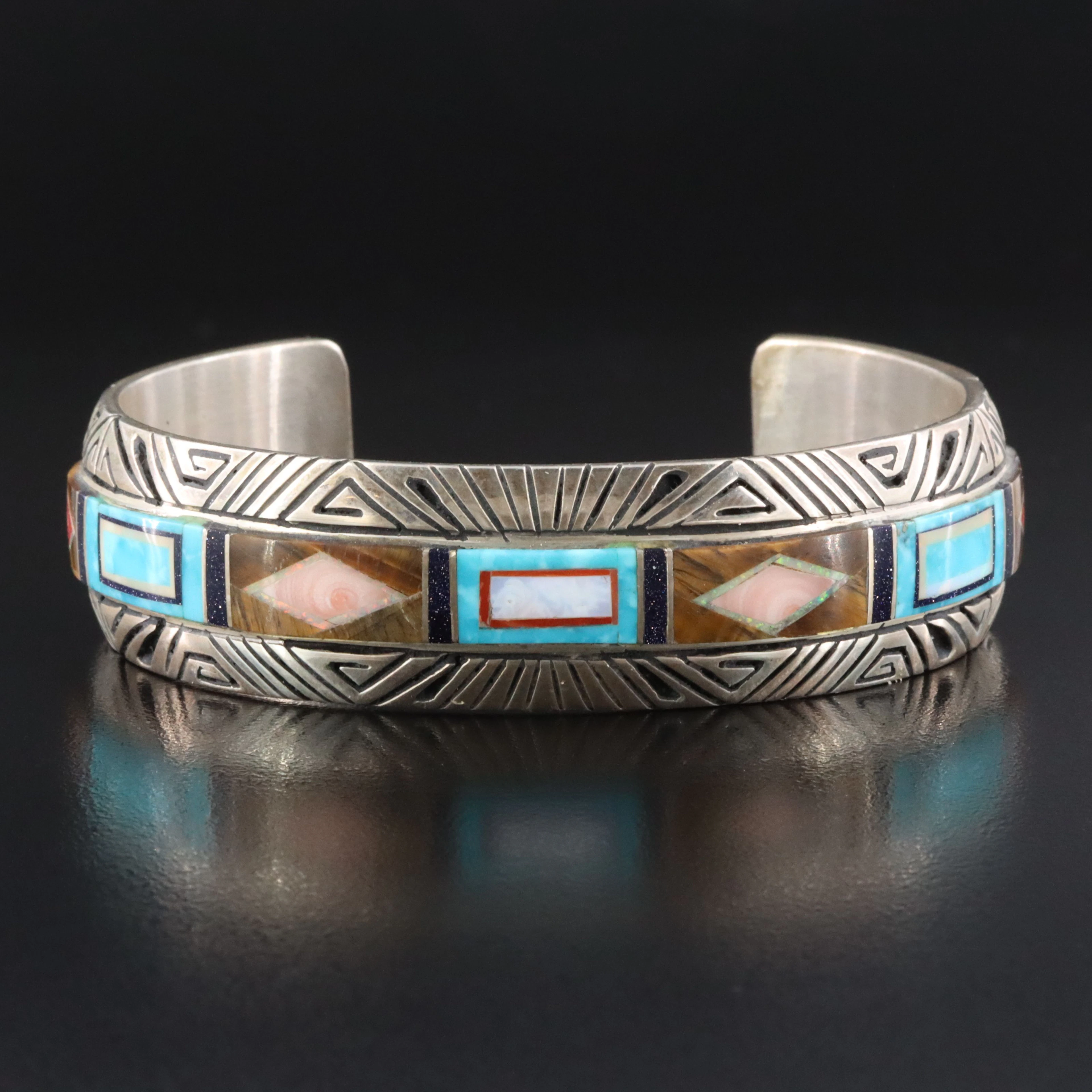 Abraham Begay Navajo Diné Sterling Gemstone Inlay Cuff Including Tiger's Eye