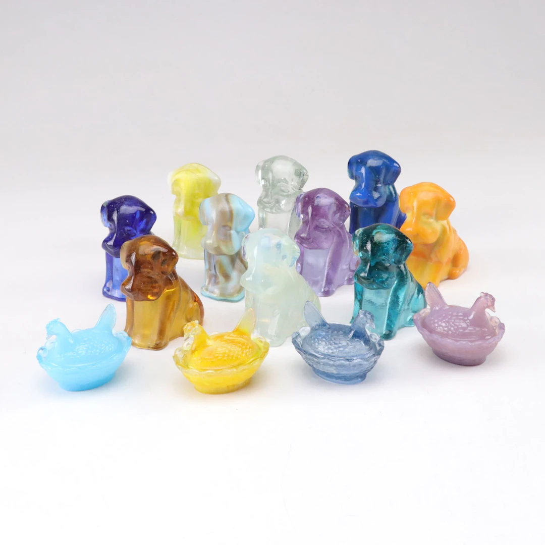 Degenhart & Boyd Uranium & Slag Glass "Pooch" Dog Figurines with "Hen
