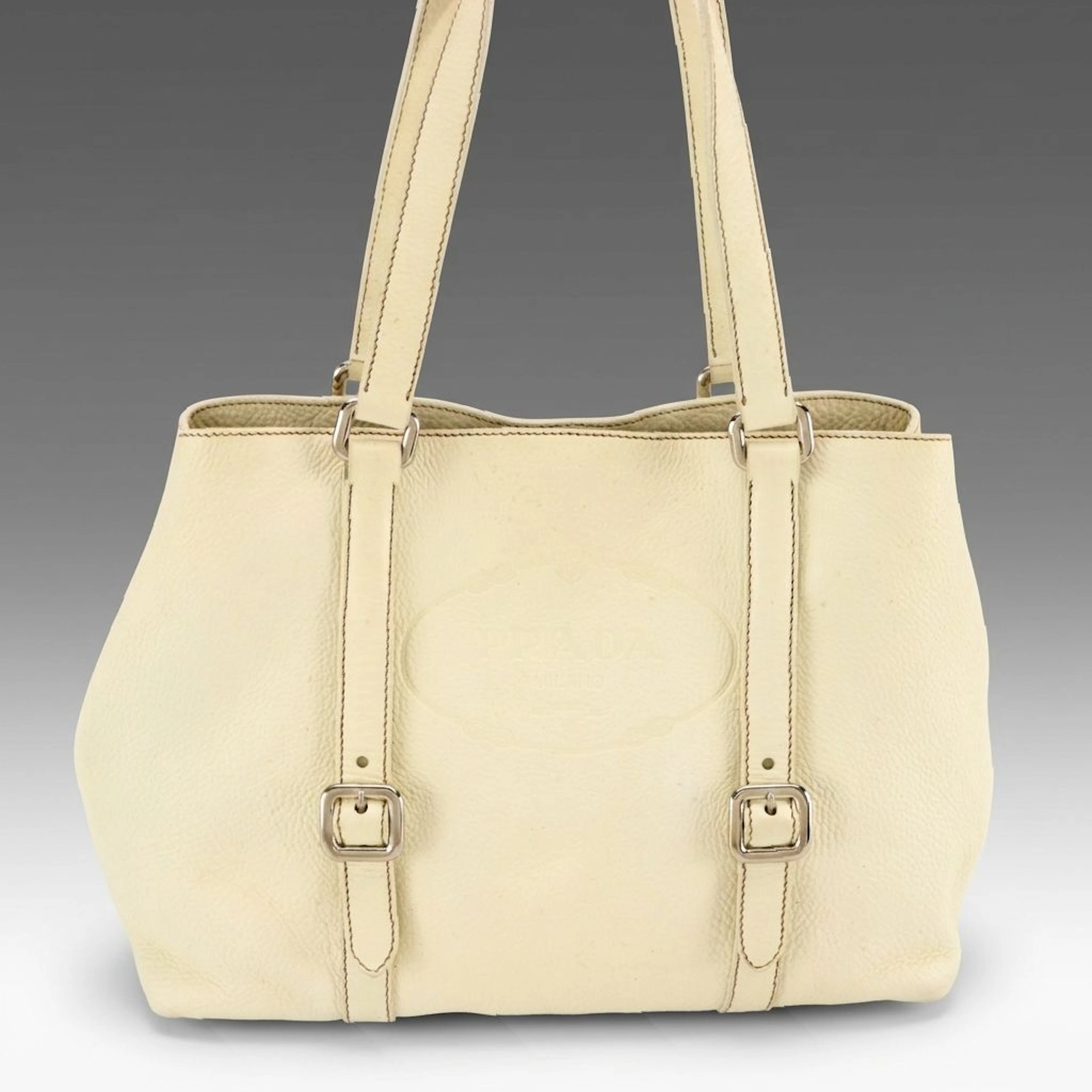Prada Buckle Accented Tote Bag in White Vitello Diano Leather