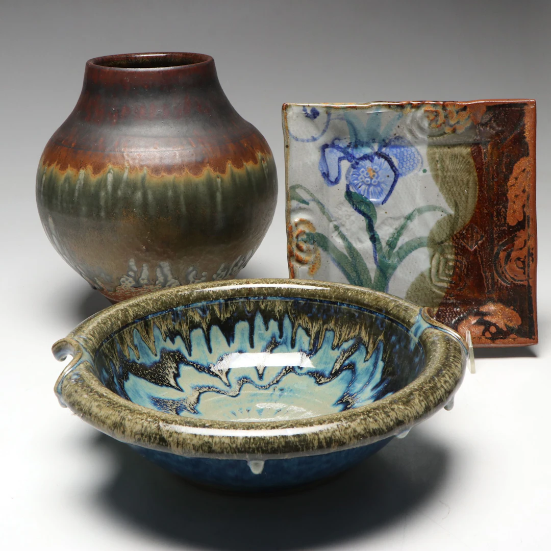Signed Studio Pottery Vase, Drip Glaze Bowl, and Stoneware Plate