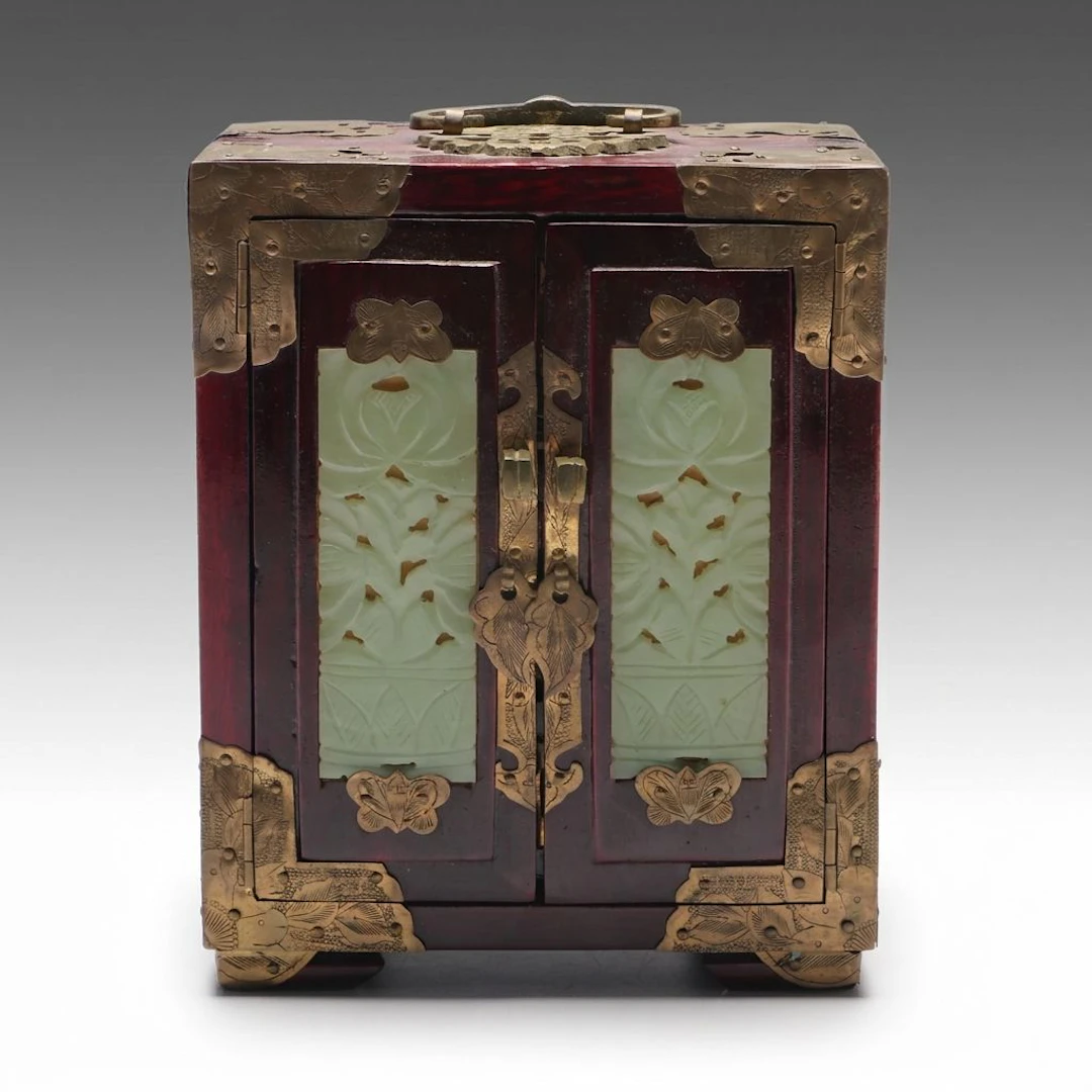 Chinese Wooden and Carved Soapstone Jewelry Box