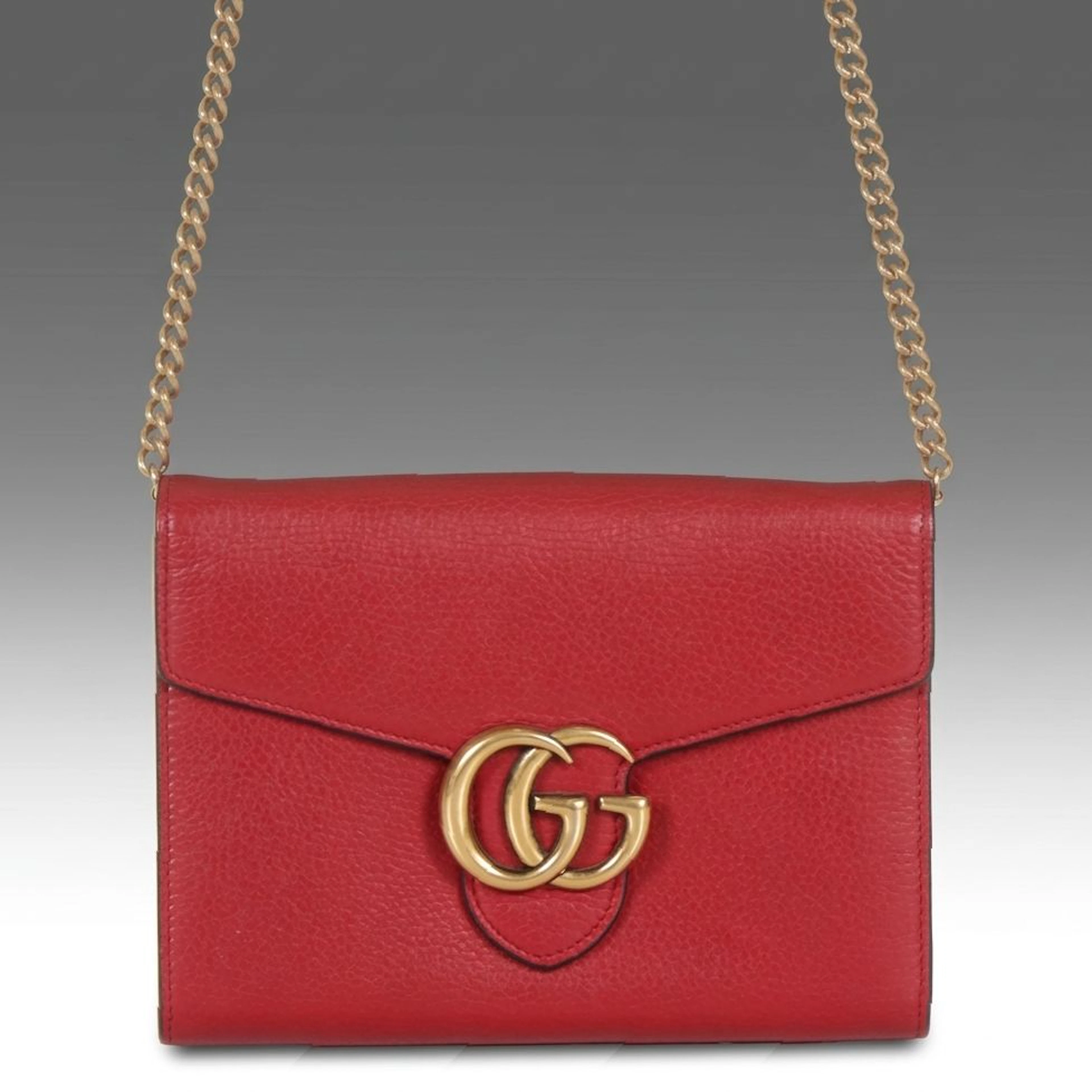 Gucci GG Marmont Crossbody Wallet on Chain in Red Grained Calfskin