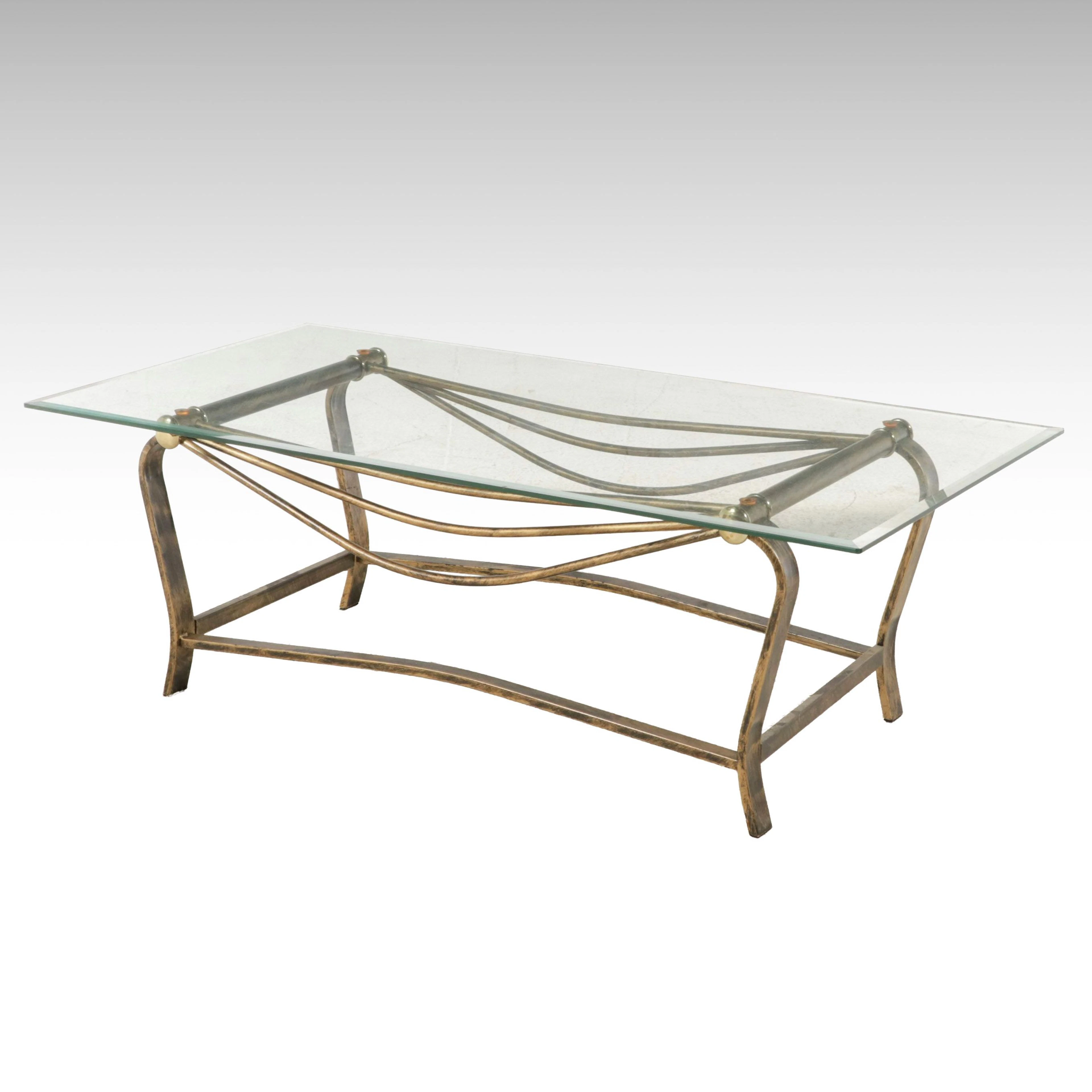 Neoclassical Style Glass-Top Brushed Metal Coffee Table