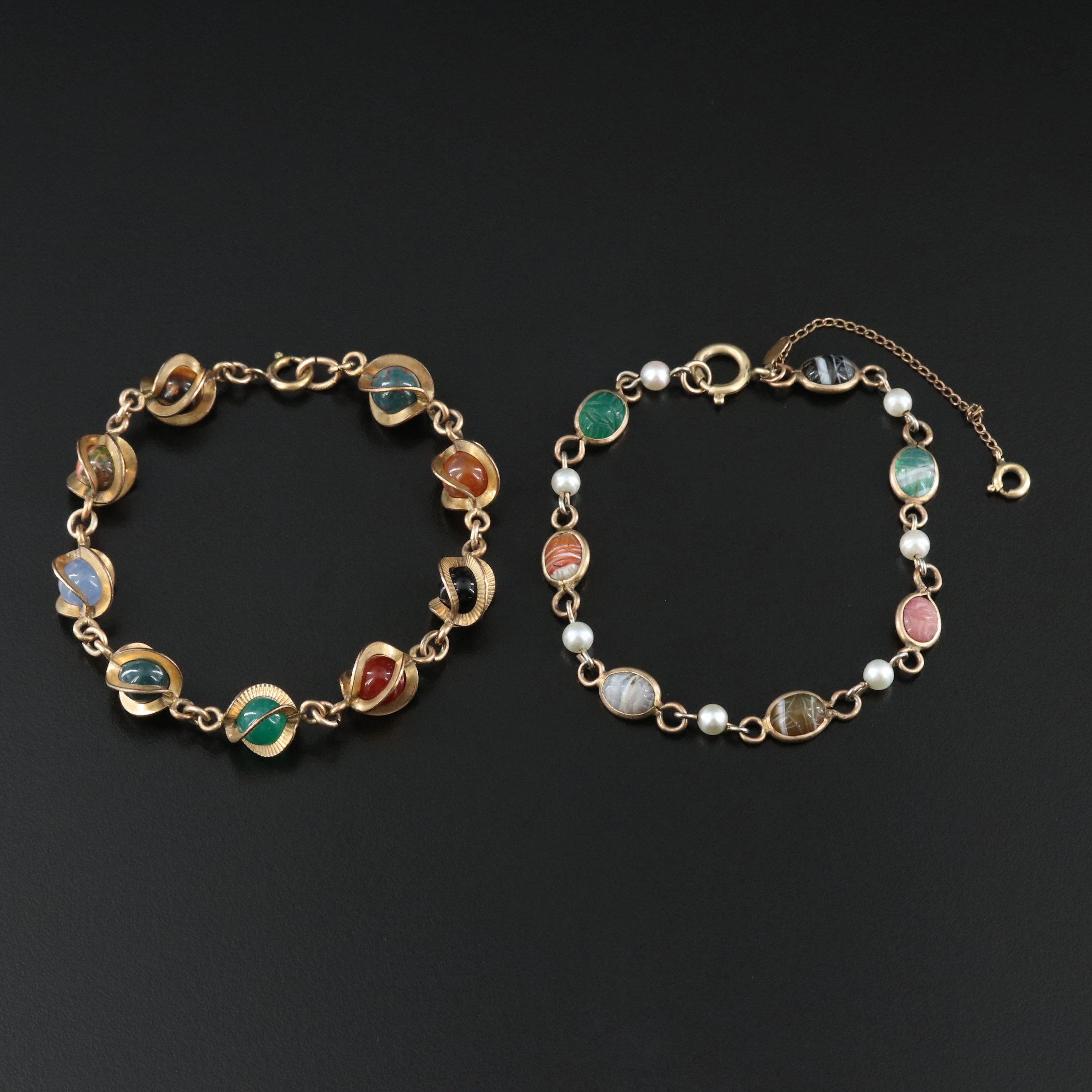 1960s Gold-Filled Bracelets Featuring Agate, Pearl, and Bloodstone w/ Scarab