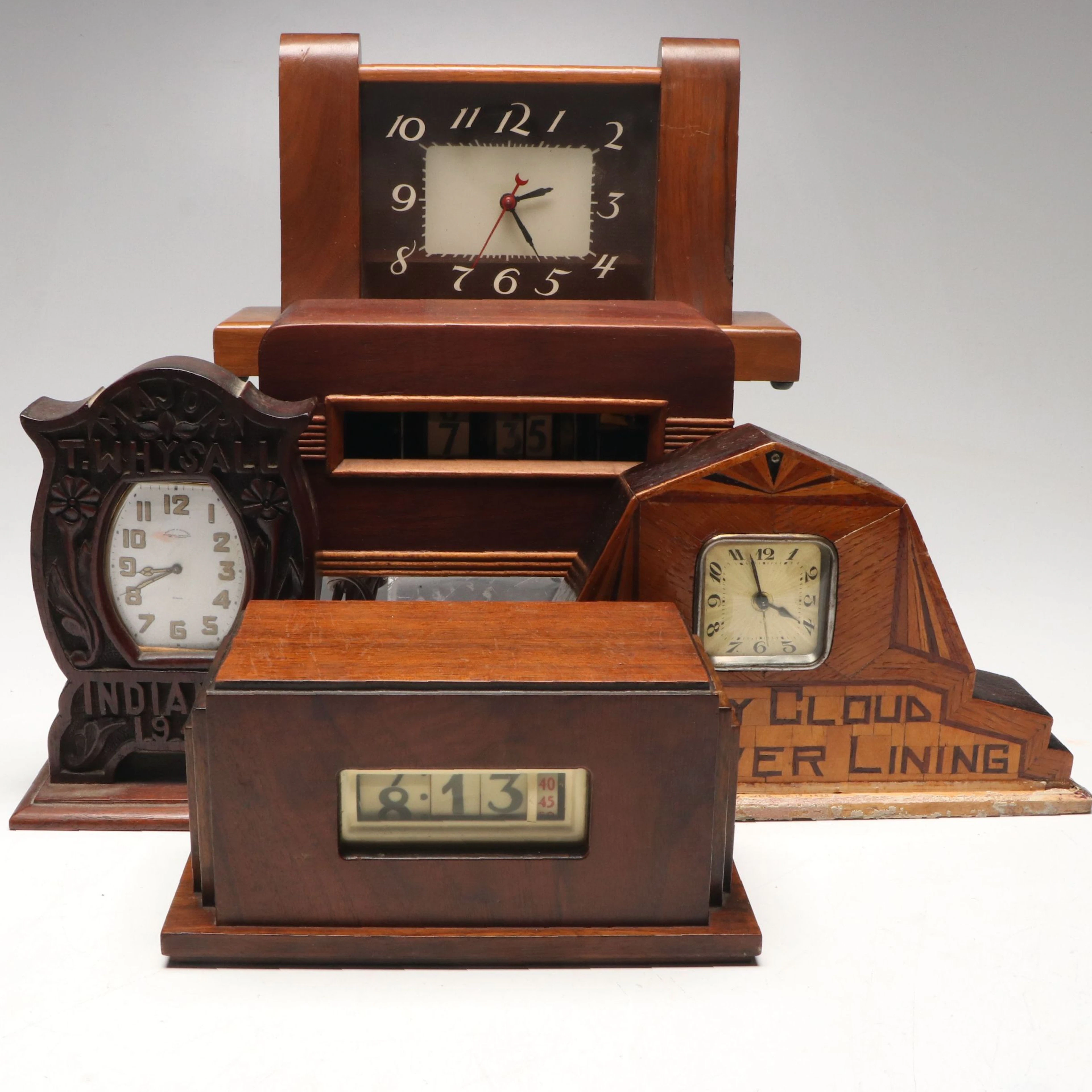 Lackner MCM "Neon-Glo" Walnut Mantel Clock and More Vintage Wooden Clocks