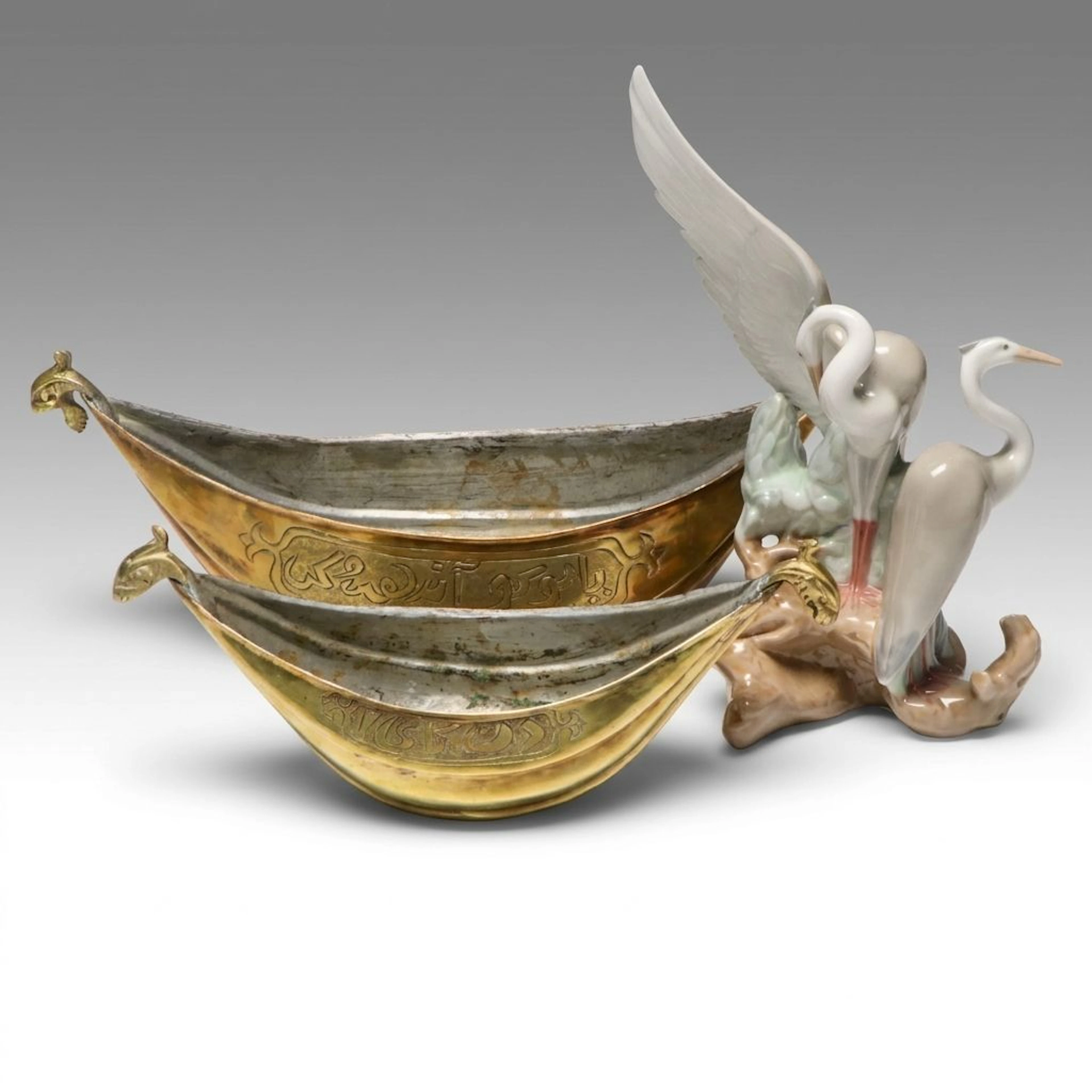 Nao by Lladró "Resting Herons" Porcelain Figurine and Pair of Begging Bowls