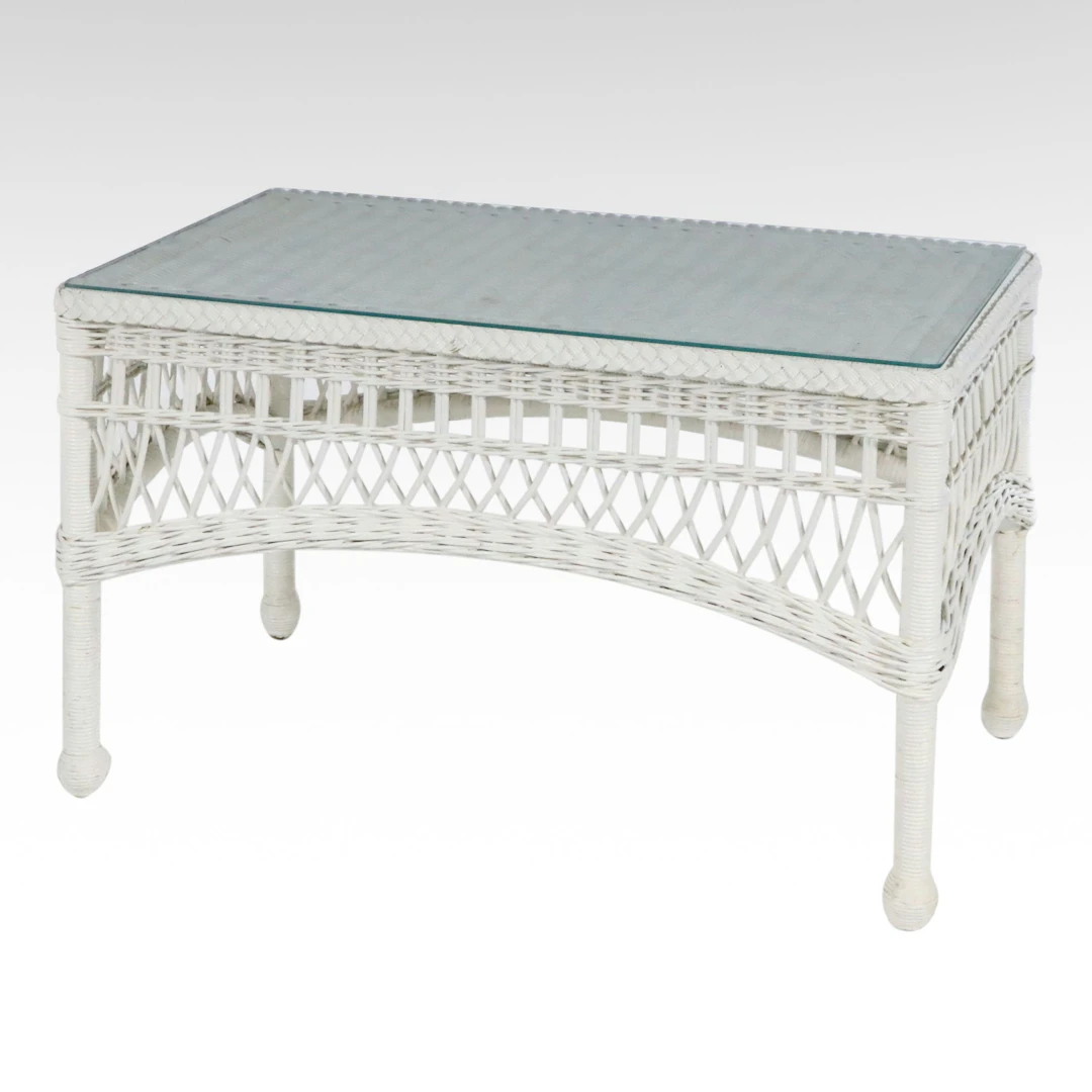 Coastal Style White Wicker Coffee Table with Glass Top, Late 20th Century