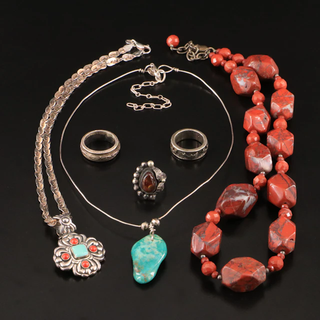 Sterling, Jasper and Turquoise Featured in Necklaces and Rings