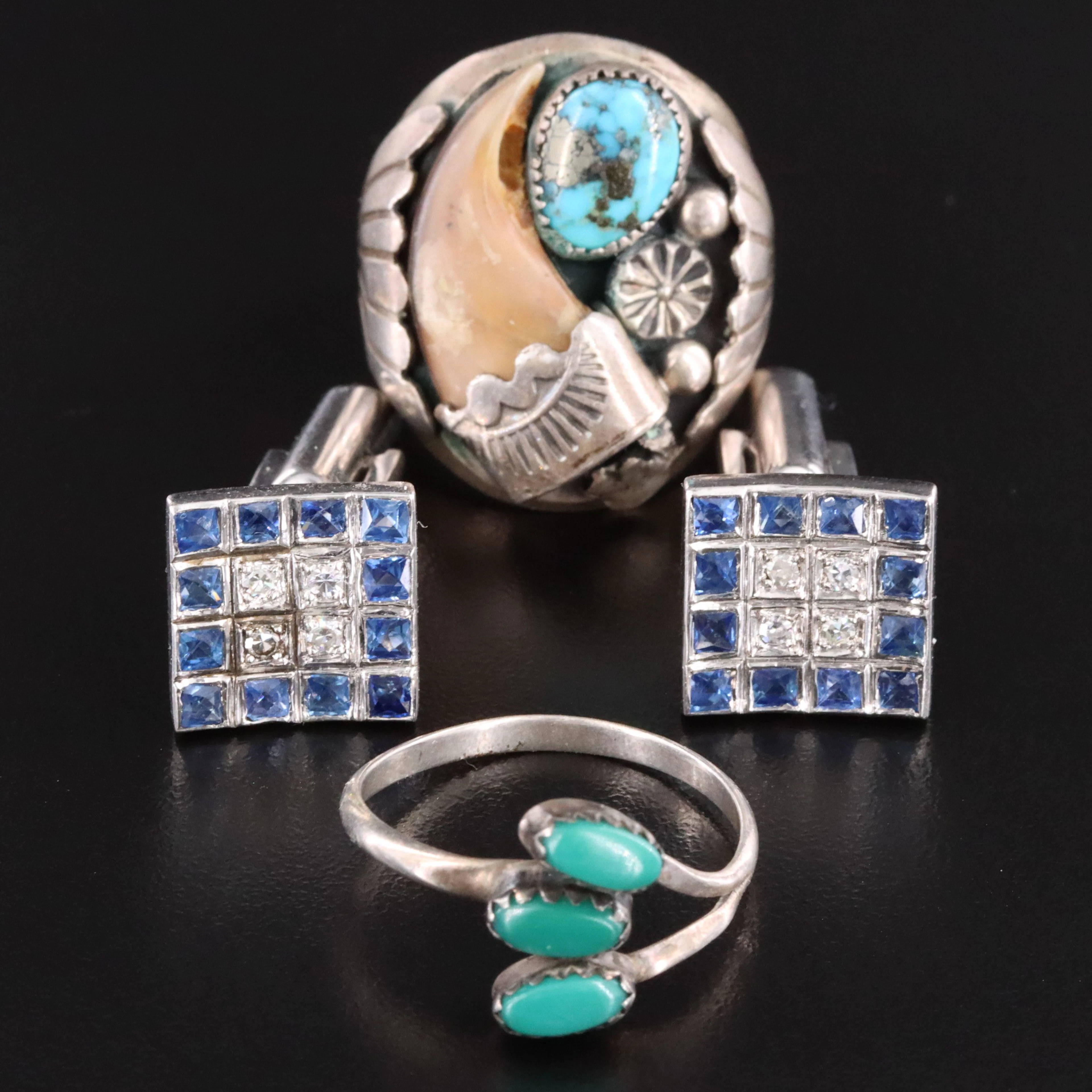 Sterling & Palladium Diamond & Sapphire Cufflinks w/Bear Claw & Turquoise Rings