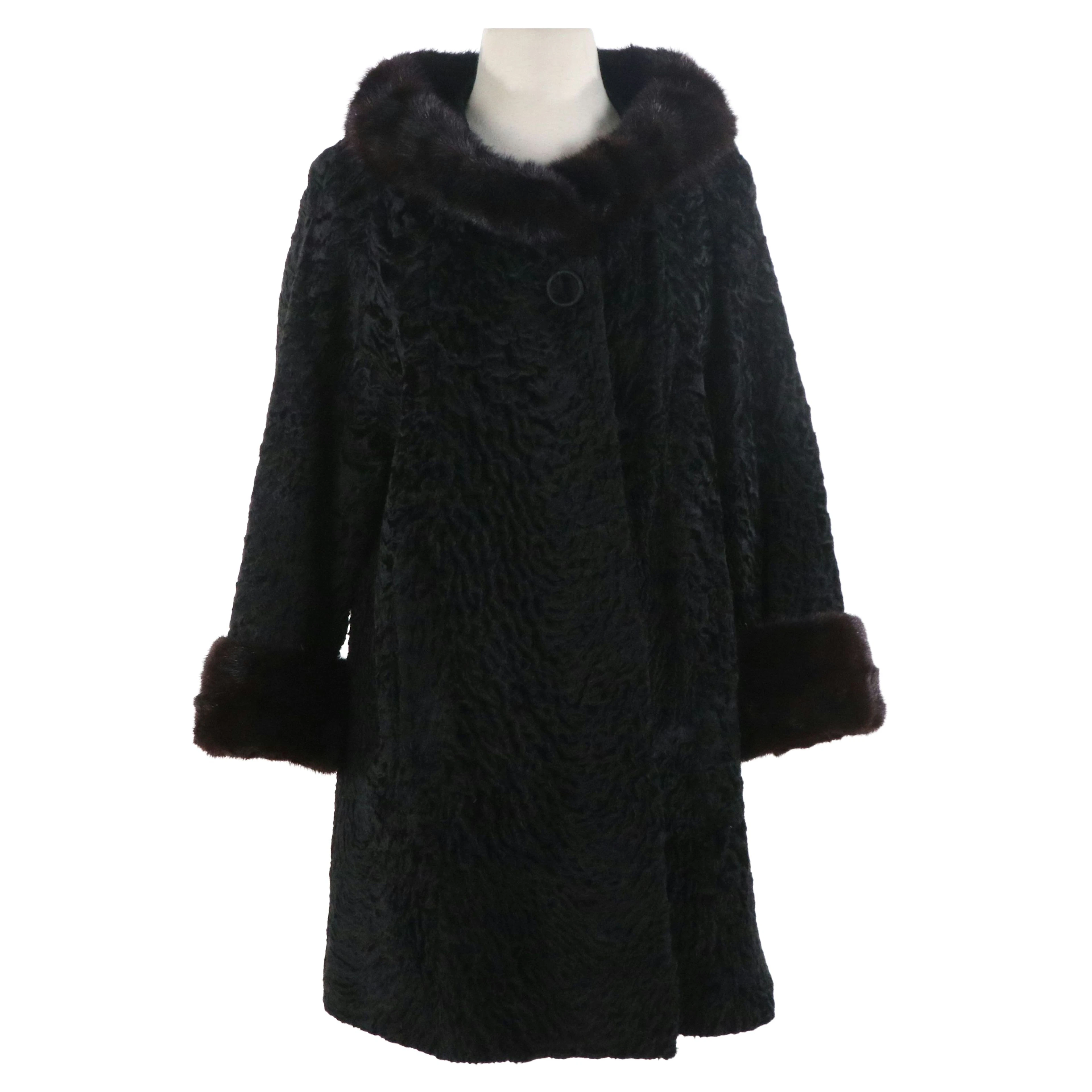 American Broadtail Lamb Fur Portrait Collar Stroller Coat with Mink Fur Trim
