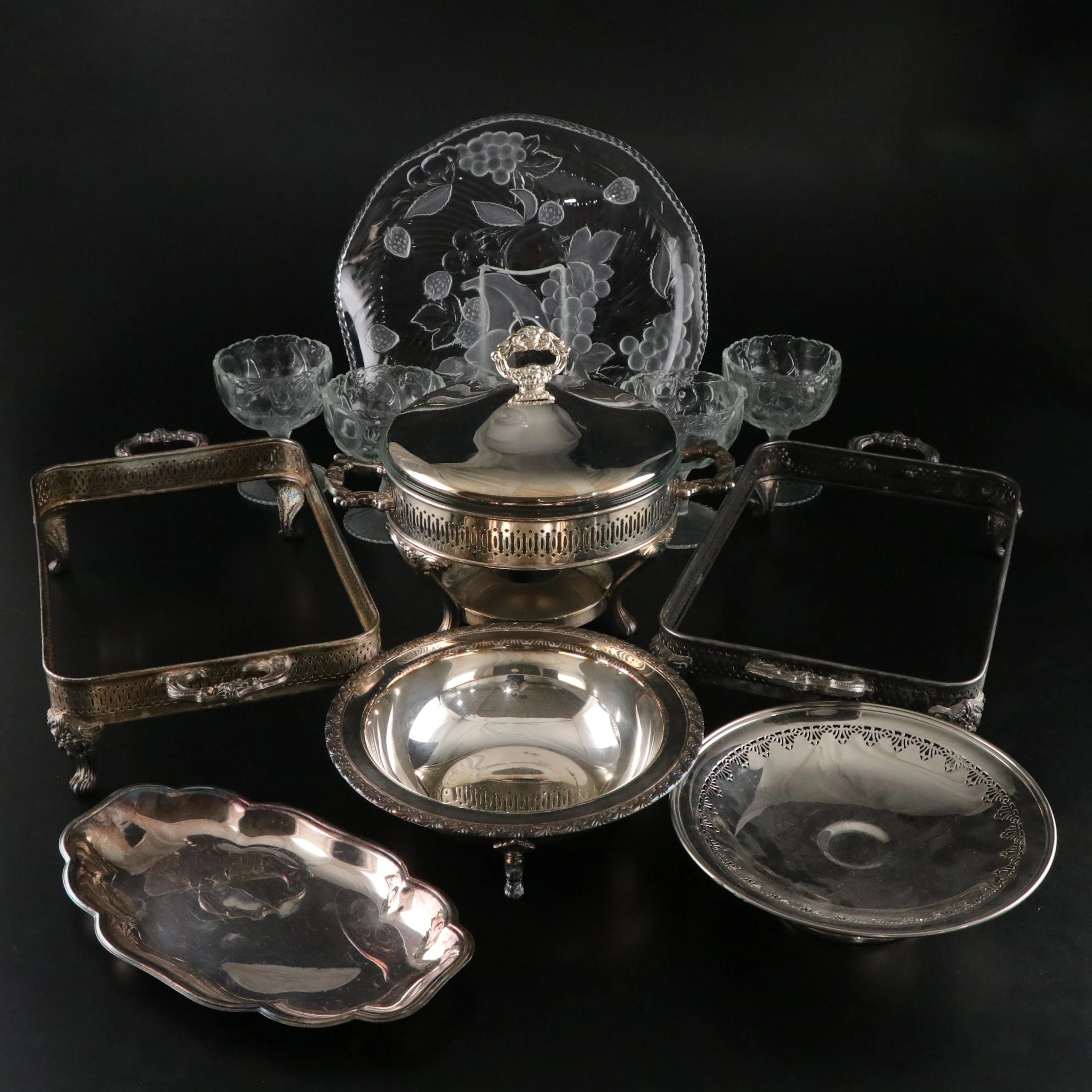 Silver Plate Serve Ware with Glass Serving Tray and Sherbet Goblets