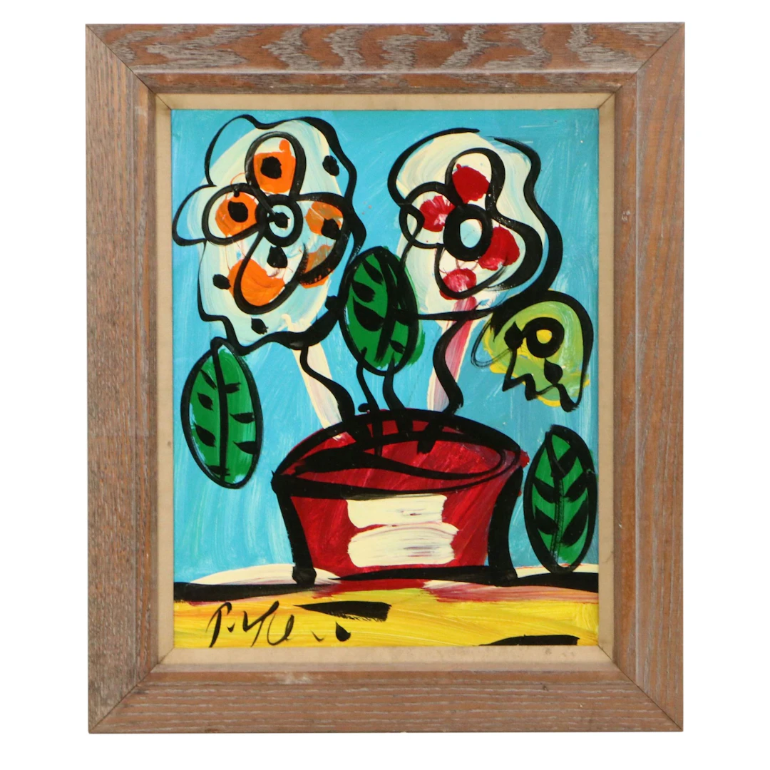 Peter Robert Keil Stylized Floral Acrylic Painting, Late 20th to 21st Century