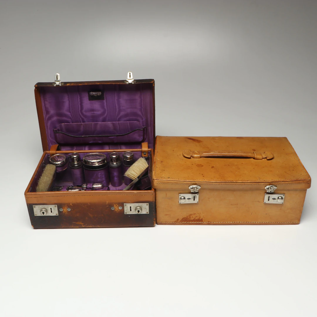 Victorian Leather Travel Vanity Set with Box, Late 19th/Early 20th Century