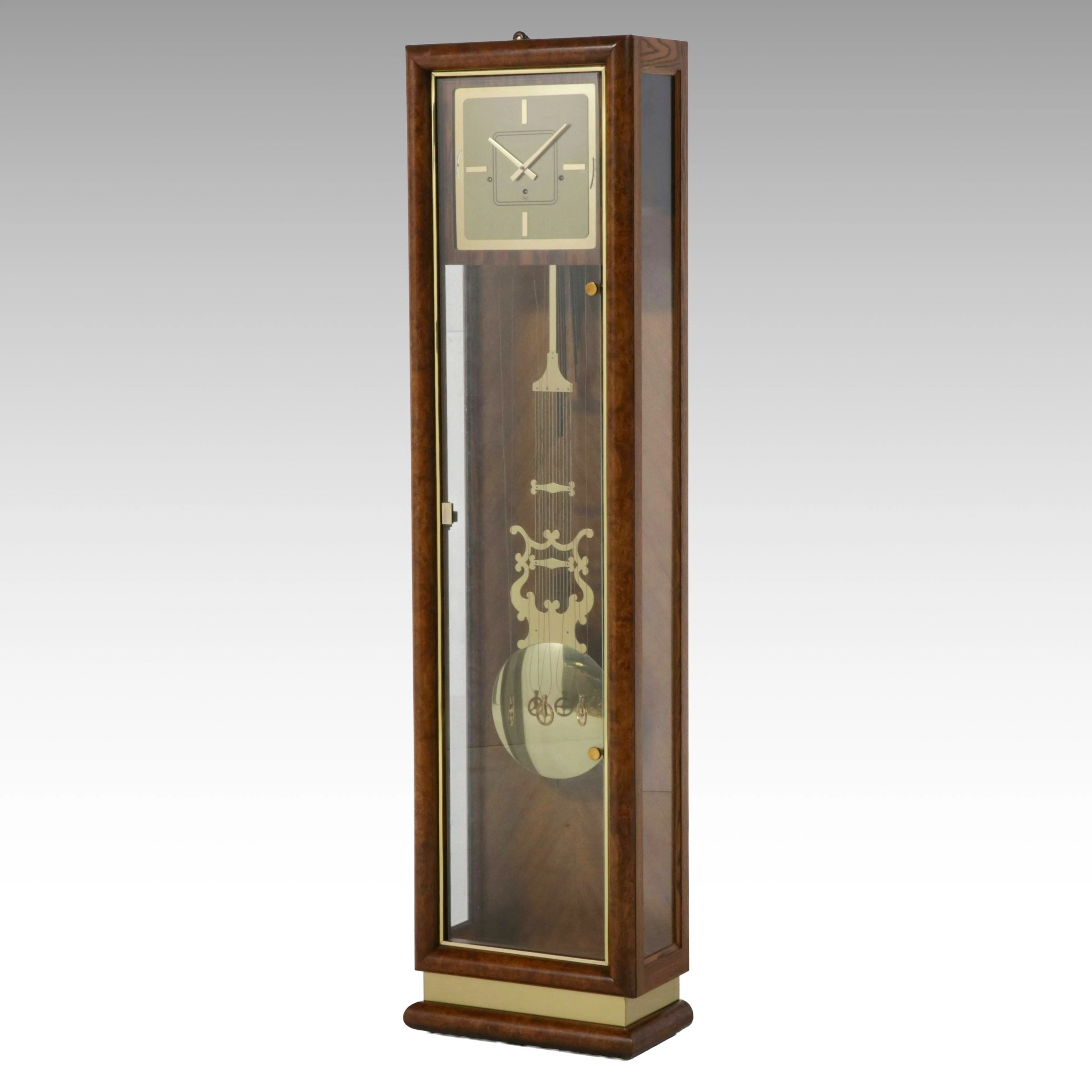 Sligh Mid Century Modern Style Burled Wood and Glass Case Grandfather Clock