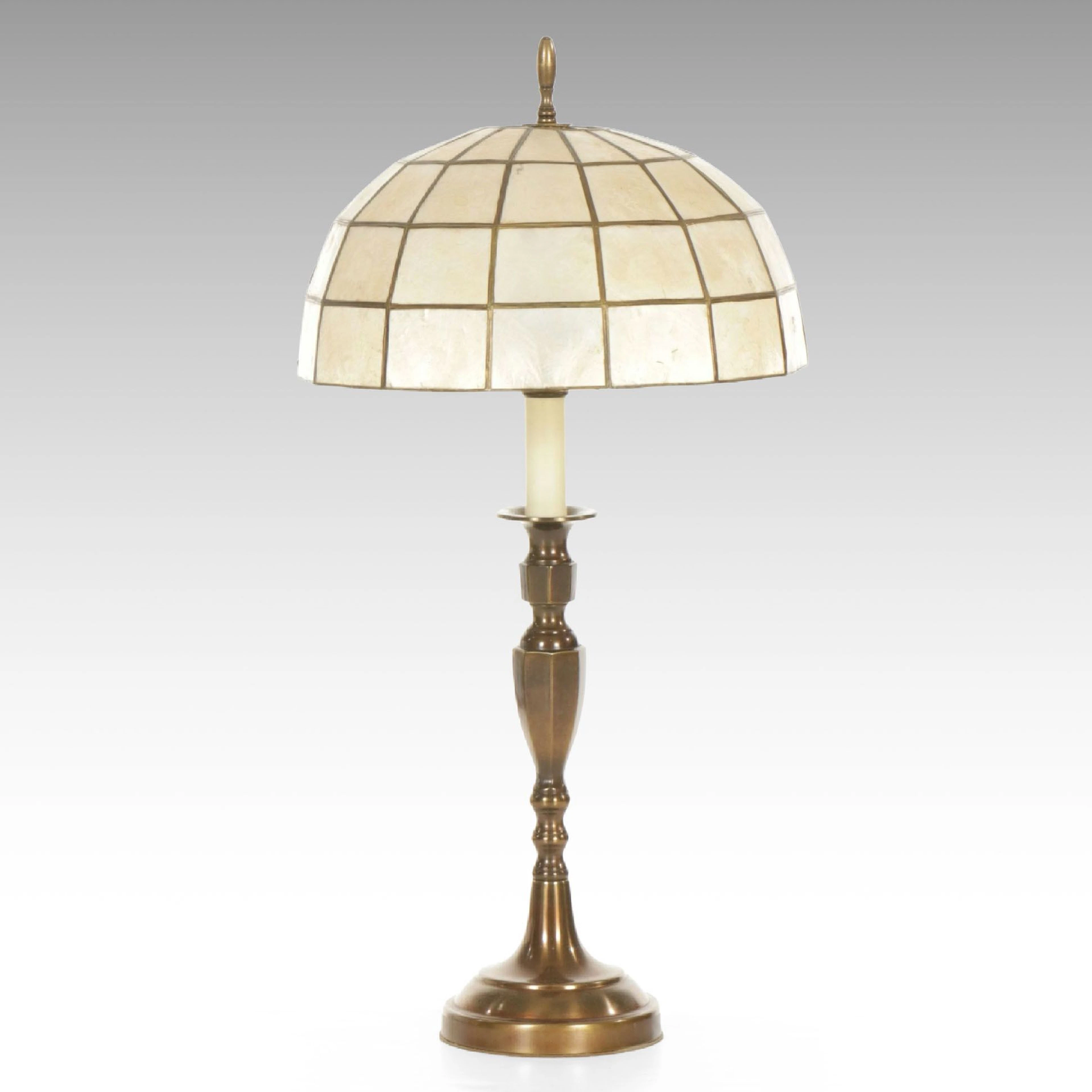 Brass Candlestick Style Table Lamp with Domed Capiz Shell Shade, Vintage