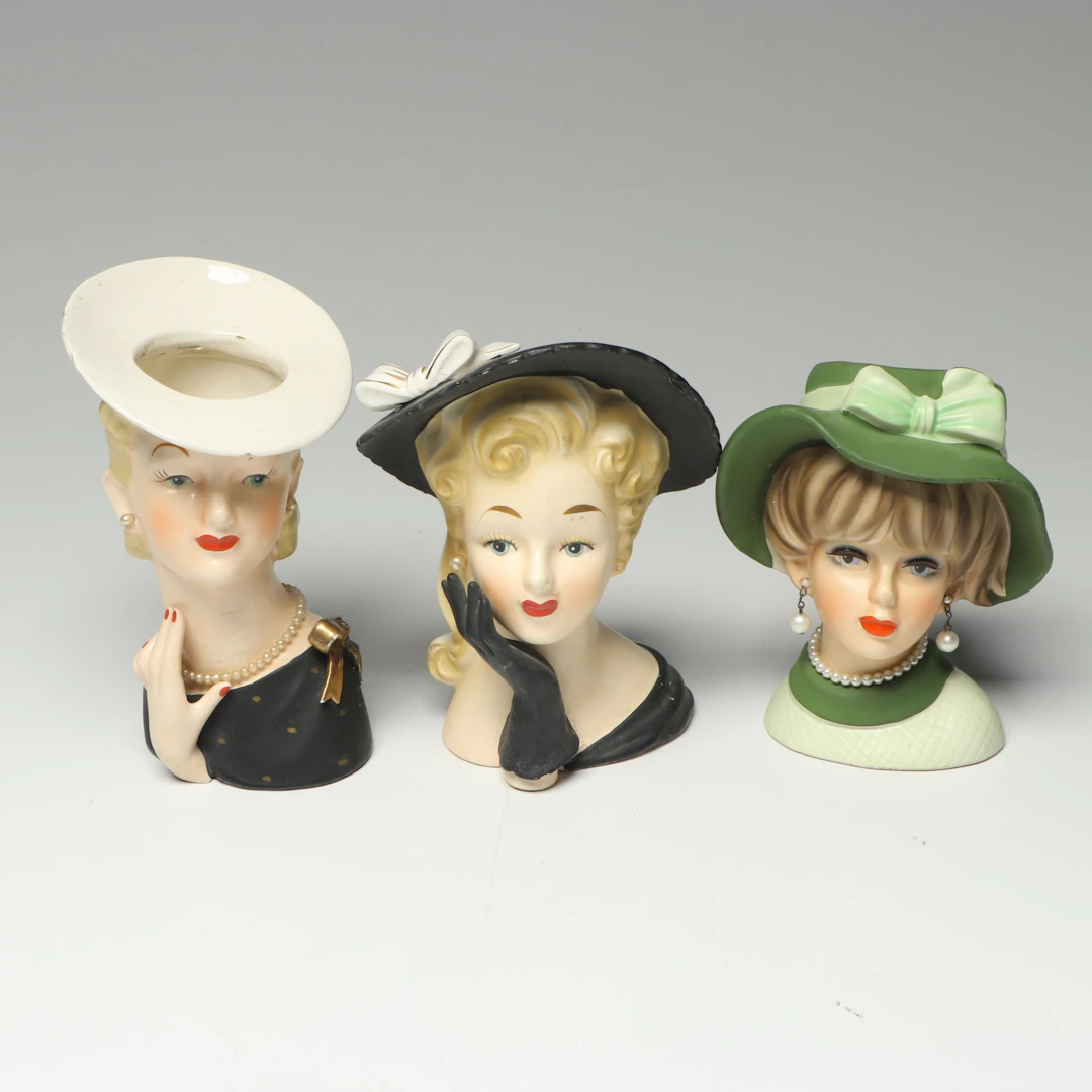 Relpo and Napco Ceramic Lady Head Vases, Mid-20th Century
