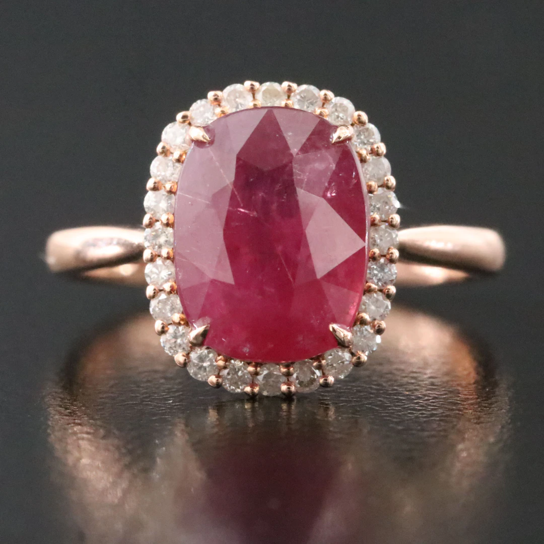 14K Rose Gold 4.15 CT Unheated Thai Ruby and Diamond Ring and IGI