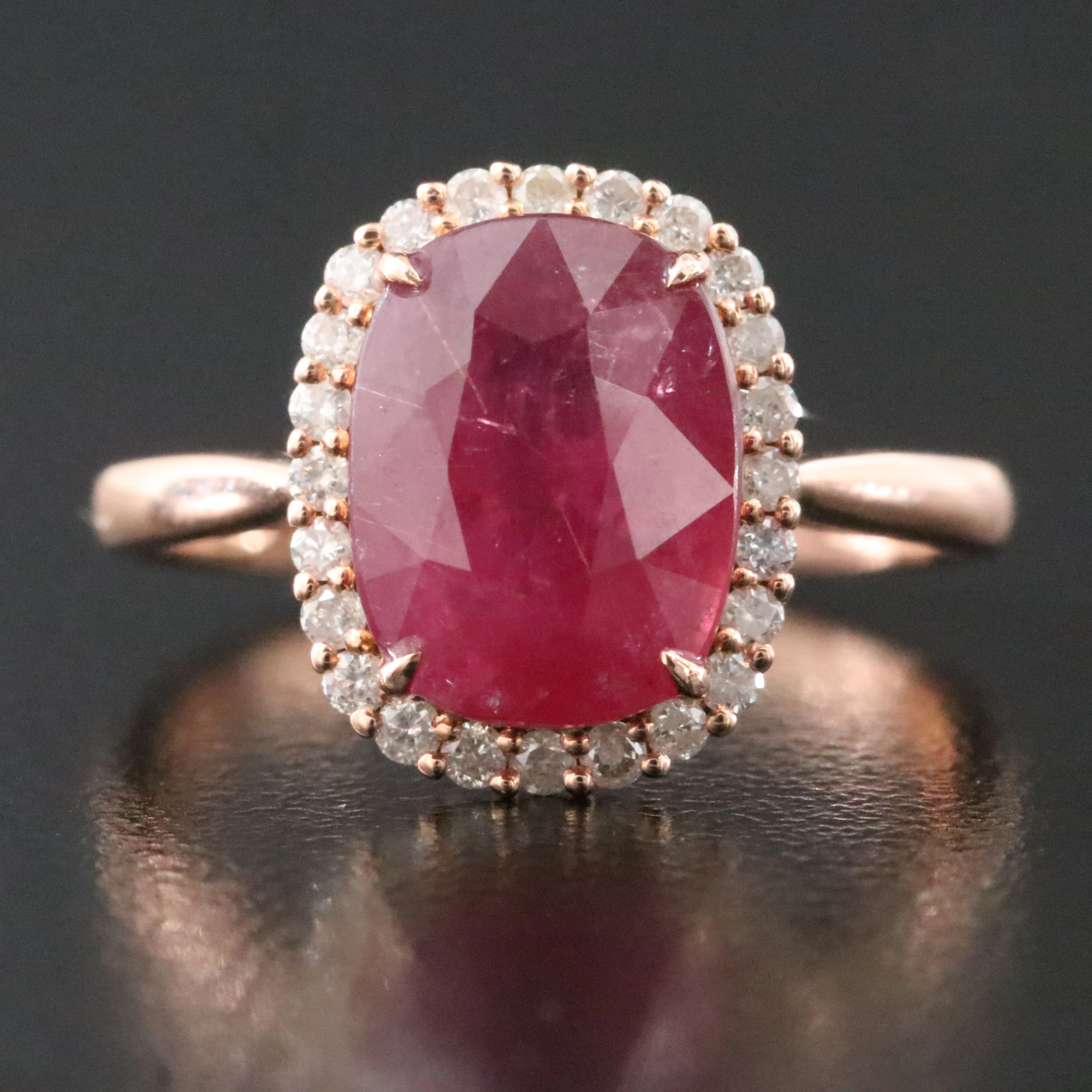 14K Rose Gold 4.15 CT Unheated Thai Ruby and Diamond Ring and IGI