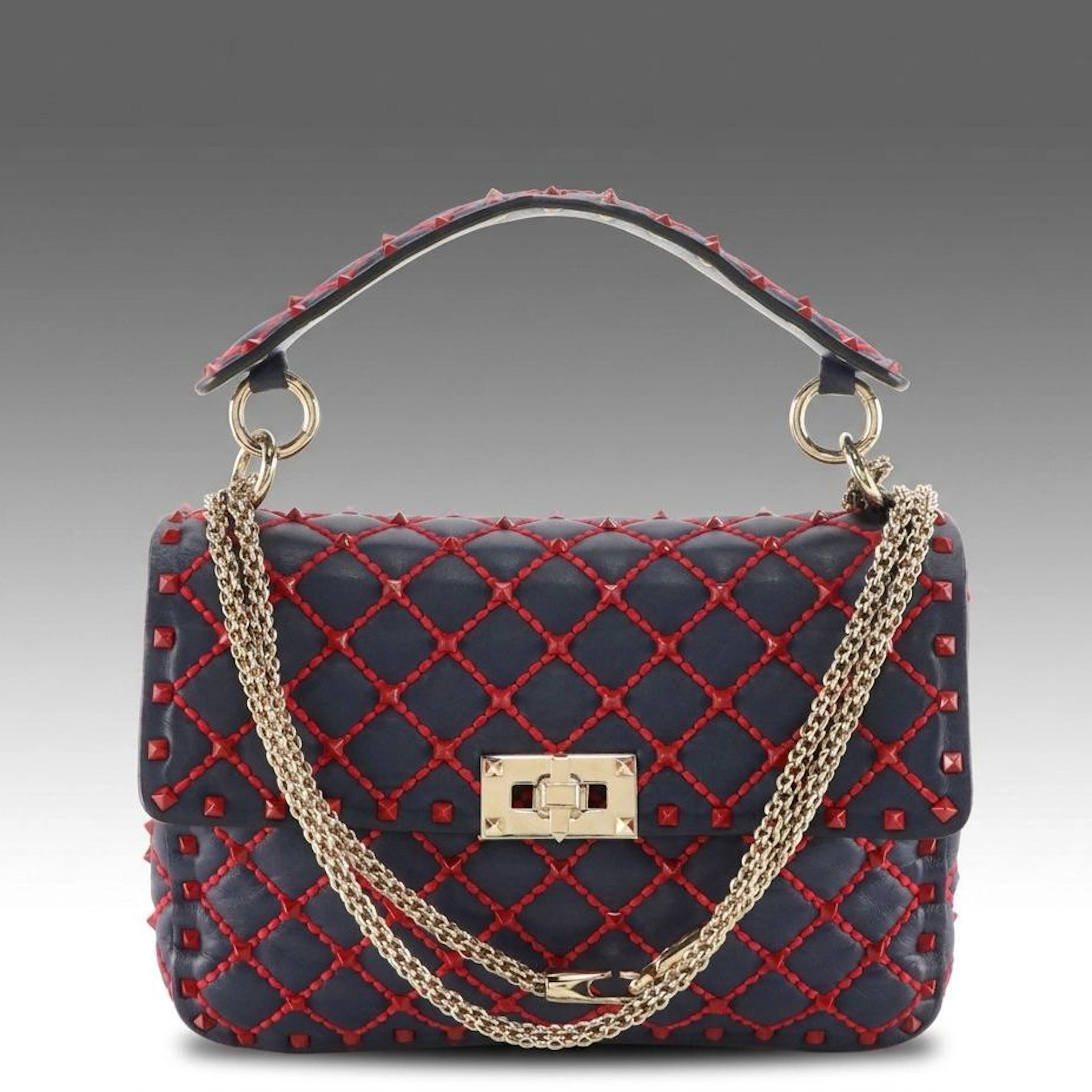 Valentino Garavani Rockstud Spike Bag Red Diamond Stitched Navy Blue Calfskin