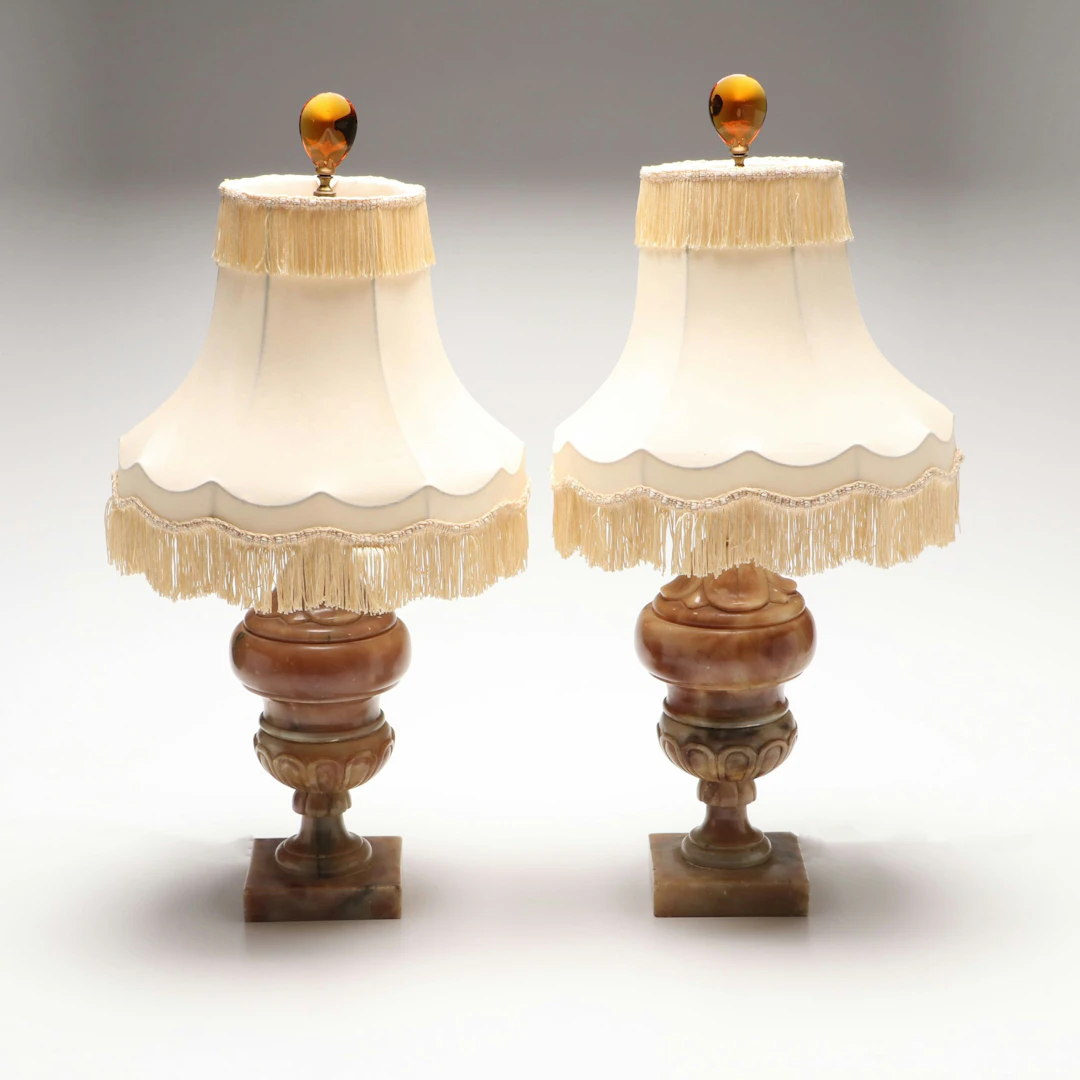 Pair of Alabaster Urn Lamps with Fringe Bell Shades, Vintage