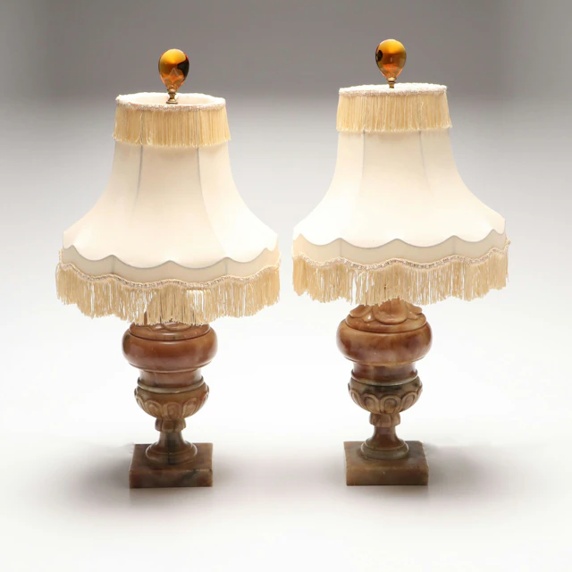 Pair of Alabaster Urn Lamps with Fringe Bell Shades, Vintage