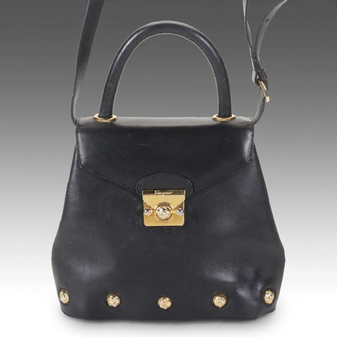 Salvatore Ferragamo Studded Top Handle Two-Way Bag in Black Leather