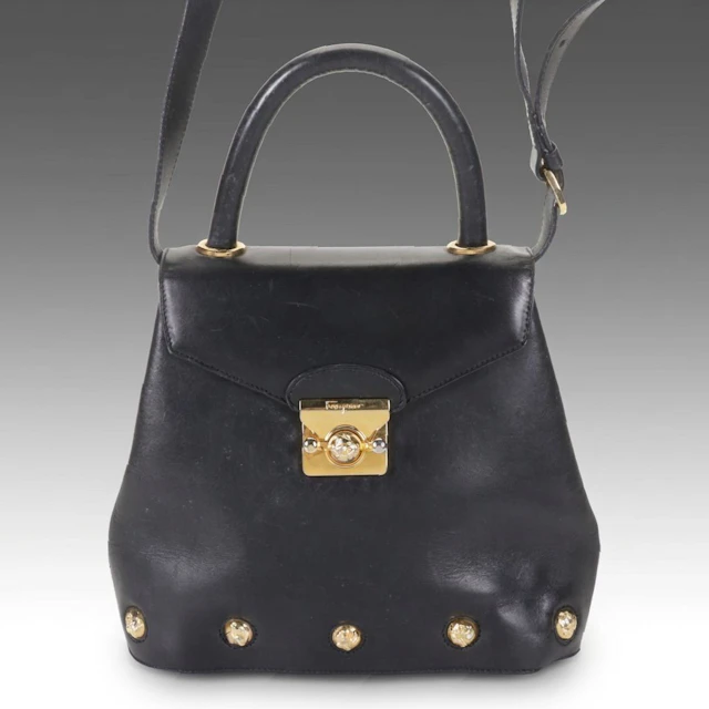 Salvatore Ferragamo Studded Top Handle Two-Way Bag in Black Leather