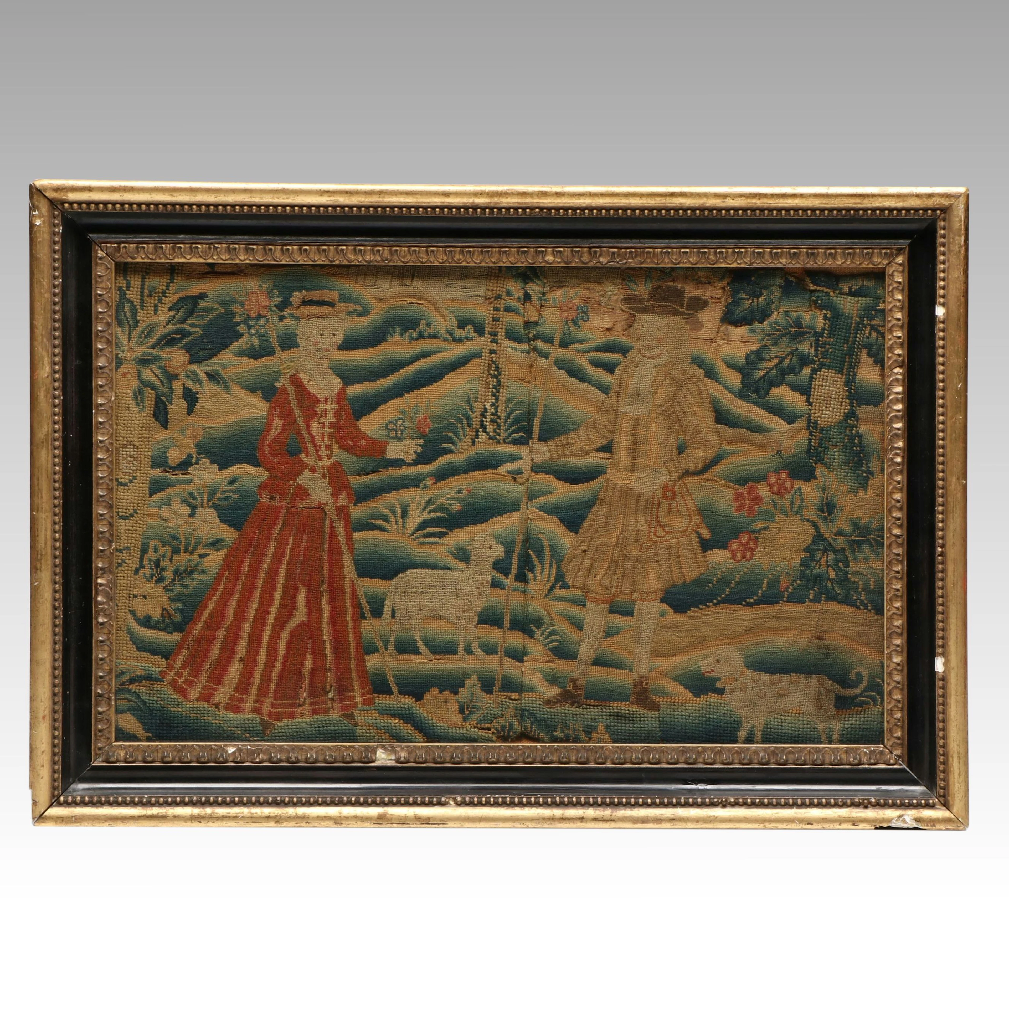 Antique English Needlepoint Textile Fragment, 17th/18th Century