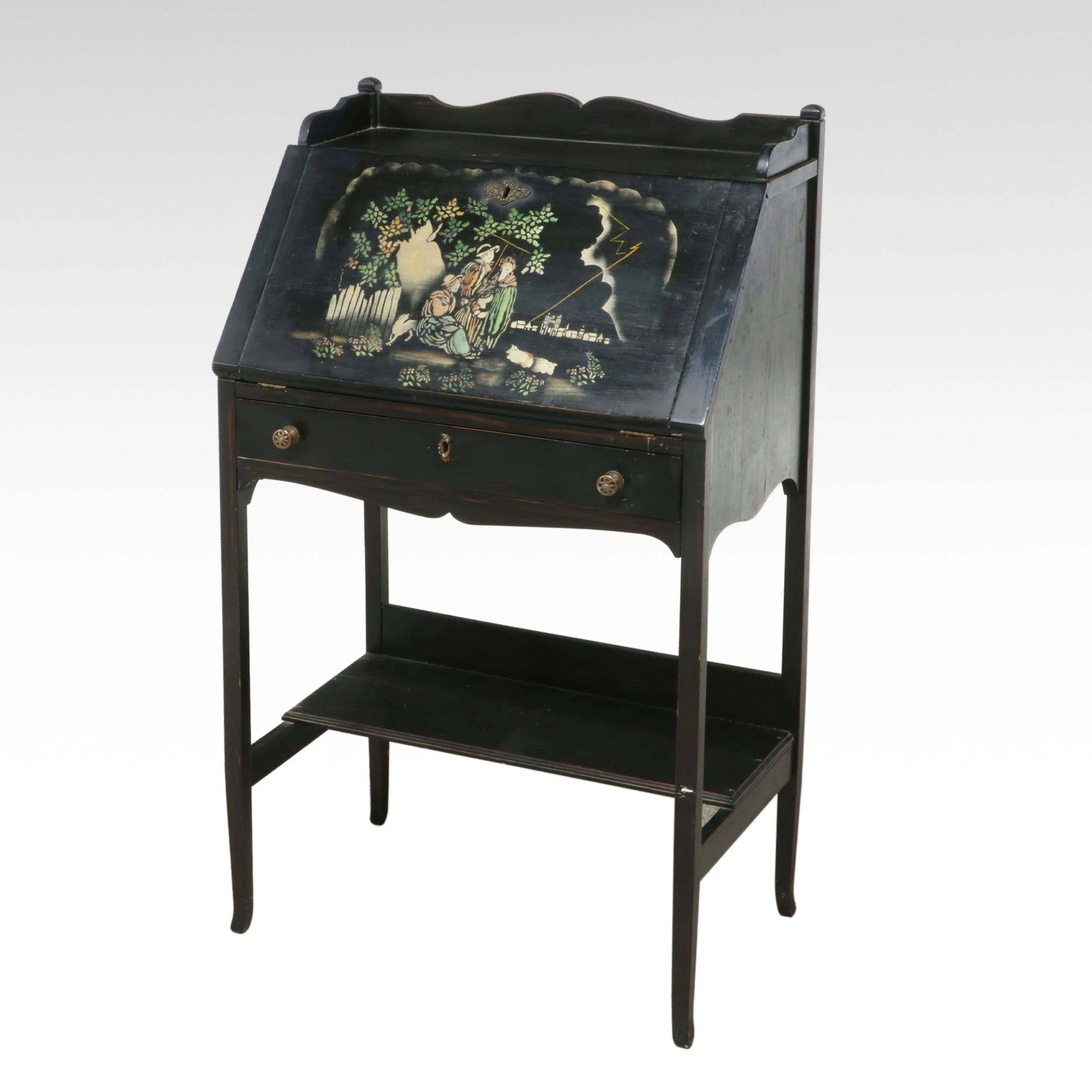 Edwardian Ebonized and Hand-Painted Slant-Front Desk