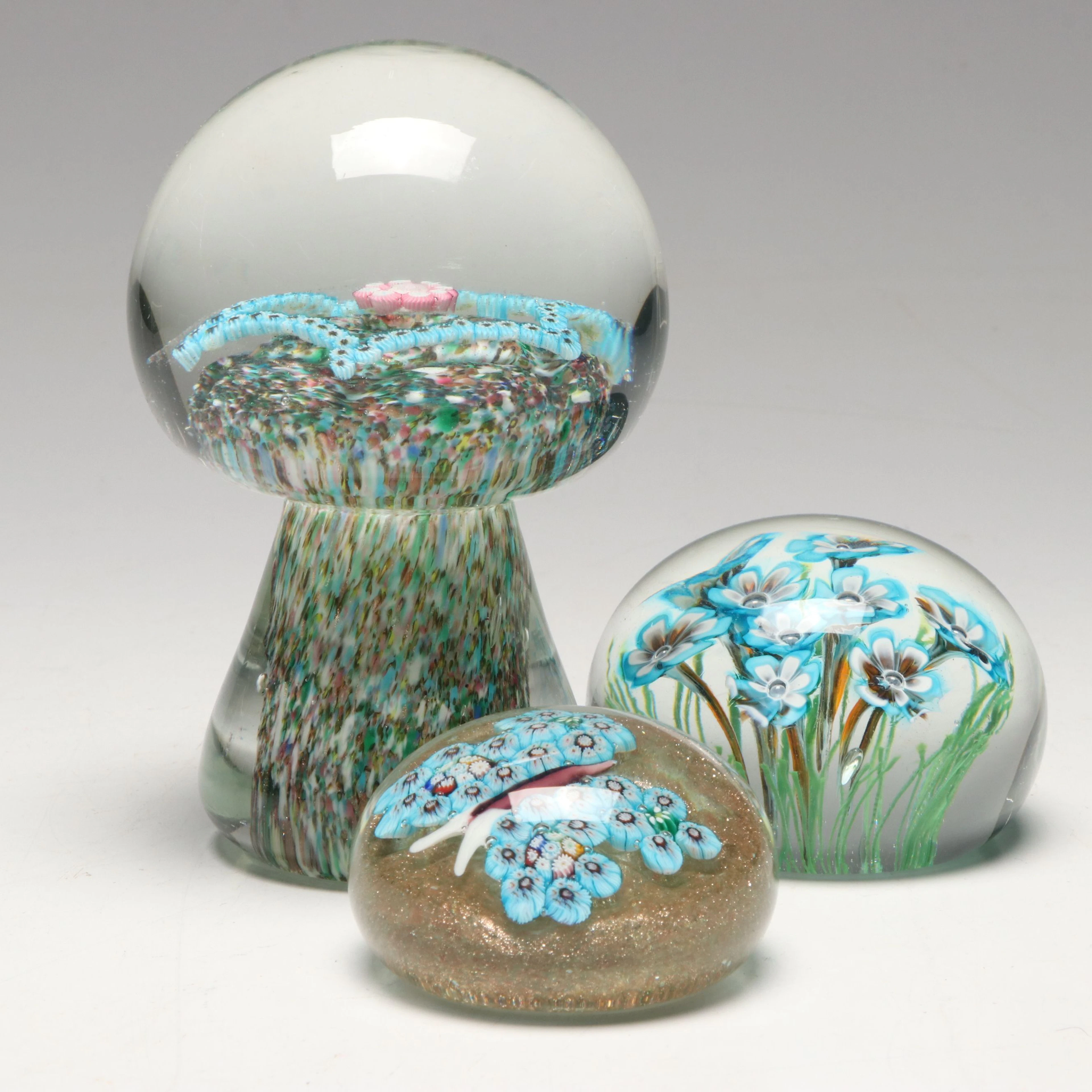 Murano Style Art Glass Paperweights with Floral and Butterfly Forms