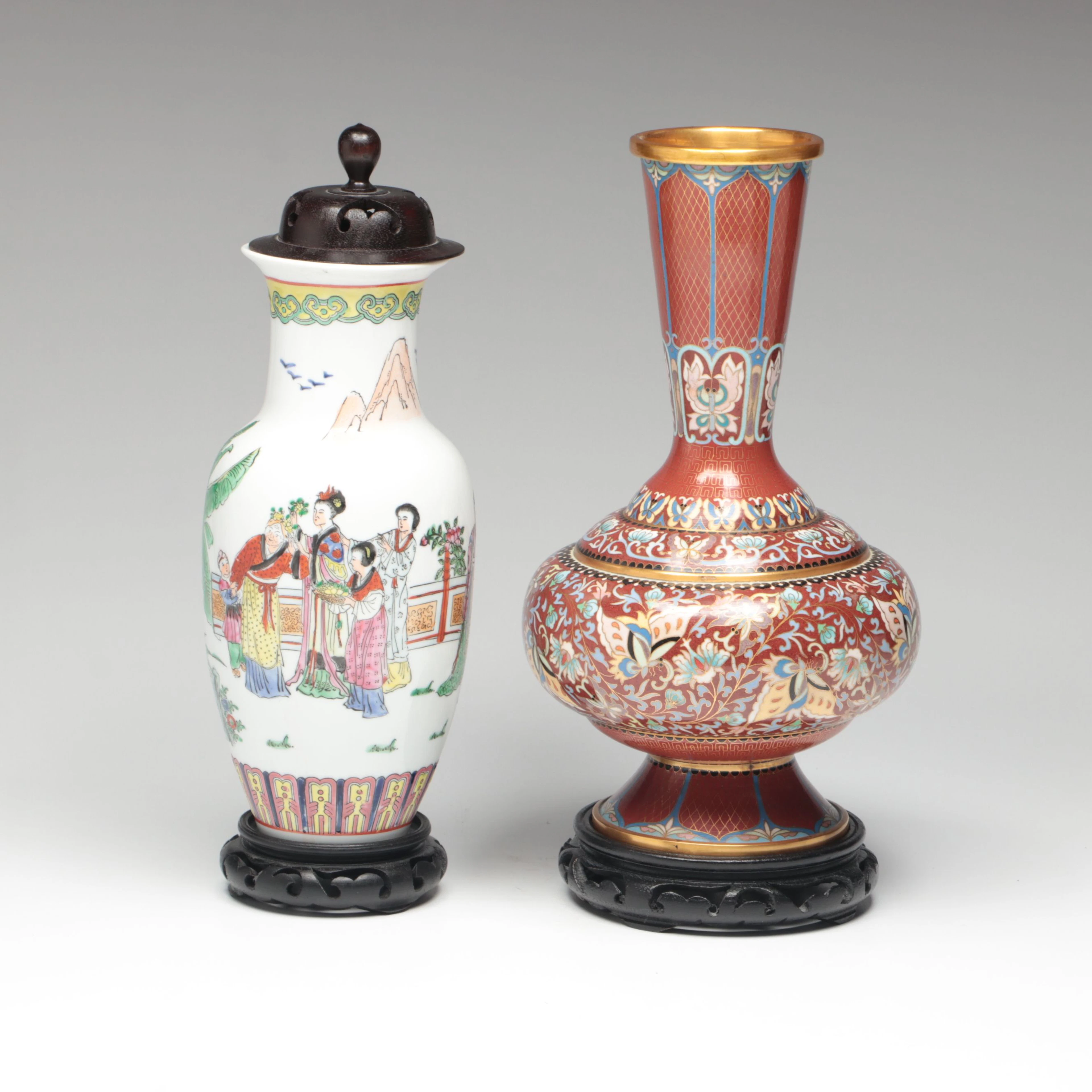 Chinese Cloisonné and Famille Rose Porcelain Vases, Mid to Late 20th C.