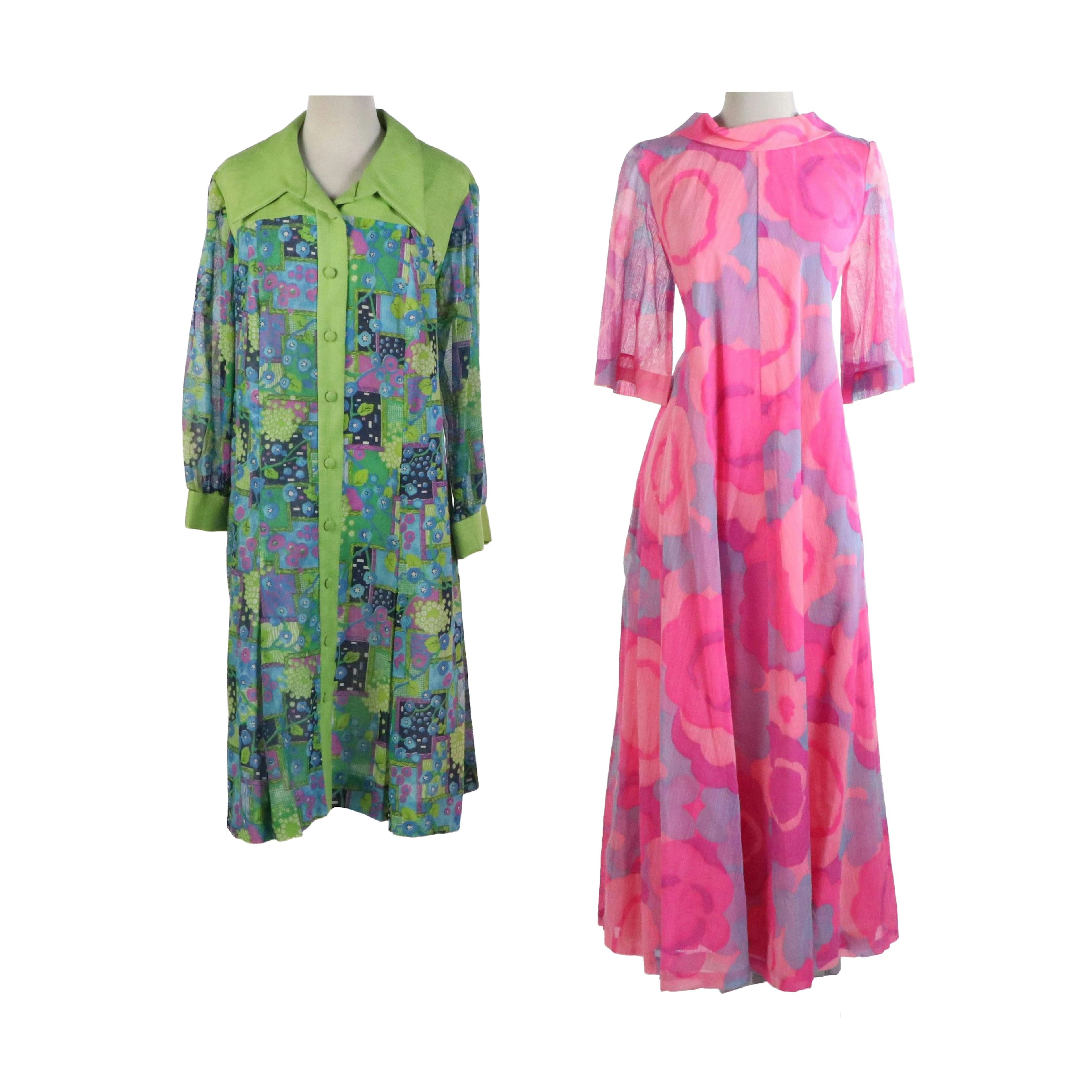 Gracie Square Originals 1970s Mod Colorful Button-Front Dress and Lazy U Dress