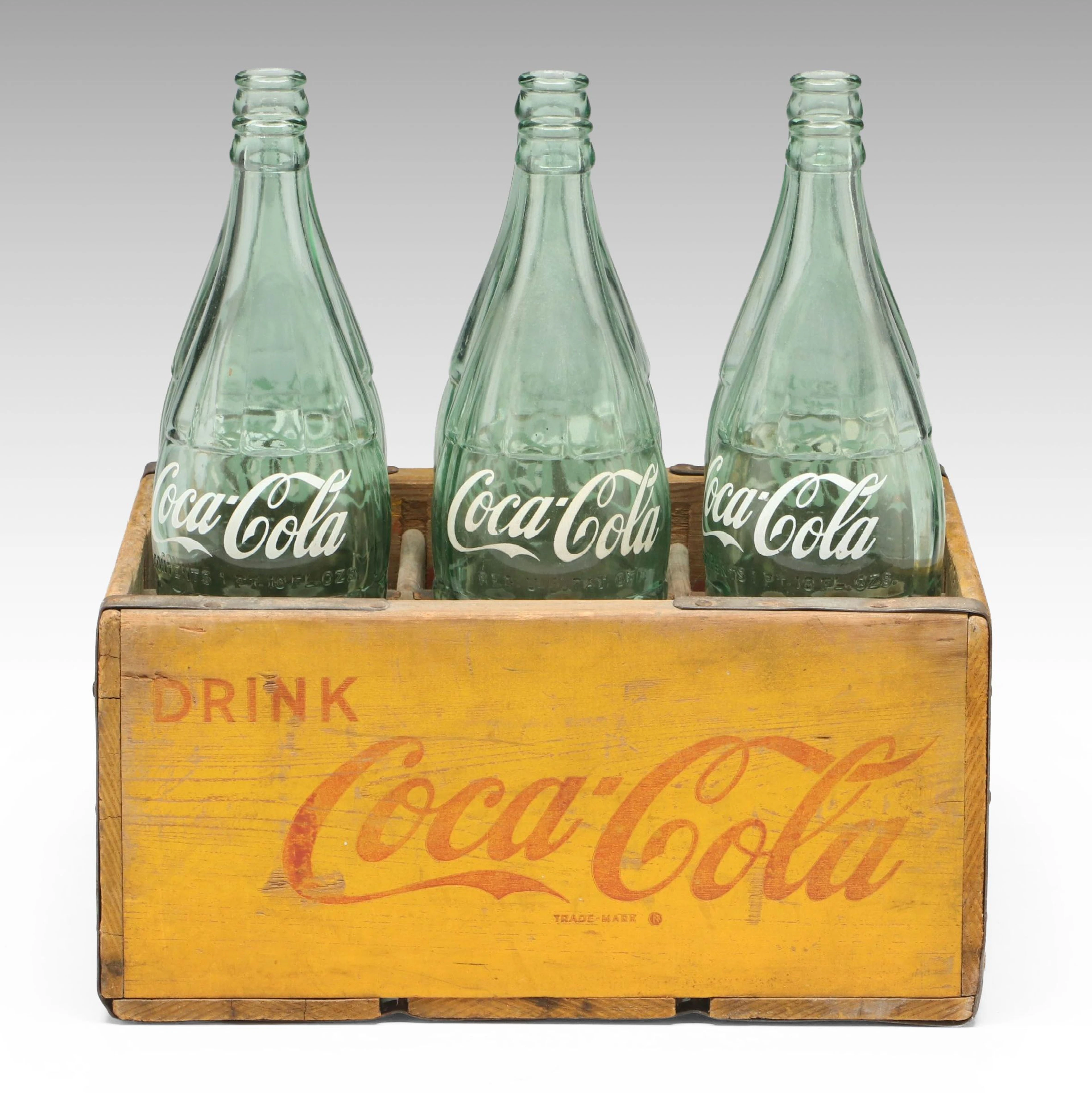 Coca-Cola Quart Size Green Glass Bottles and Wooden Crate, 1956