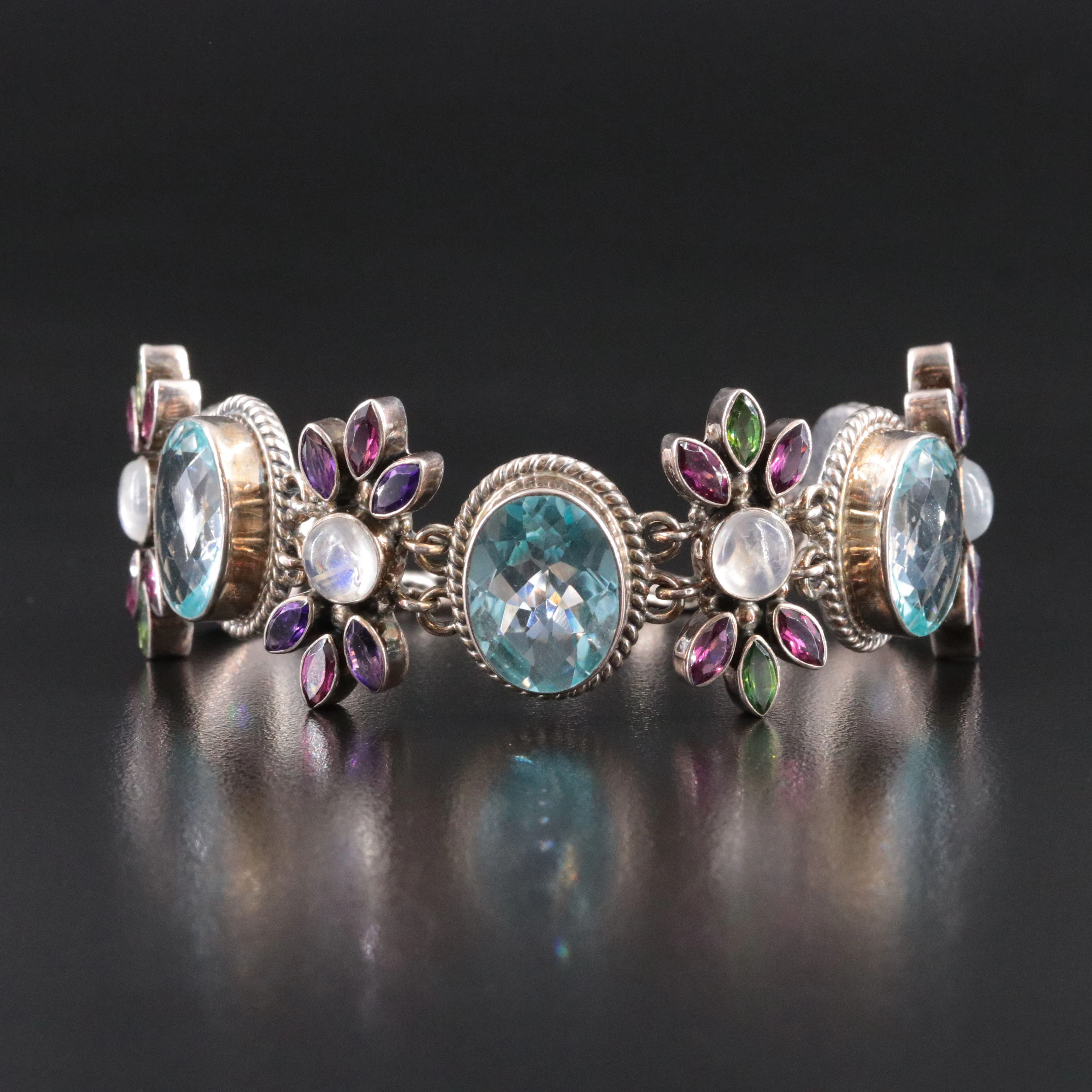 Sterling Blue Topaz, Moonstone and Amethyst Bracelet