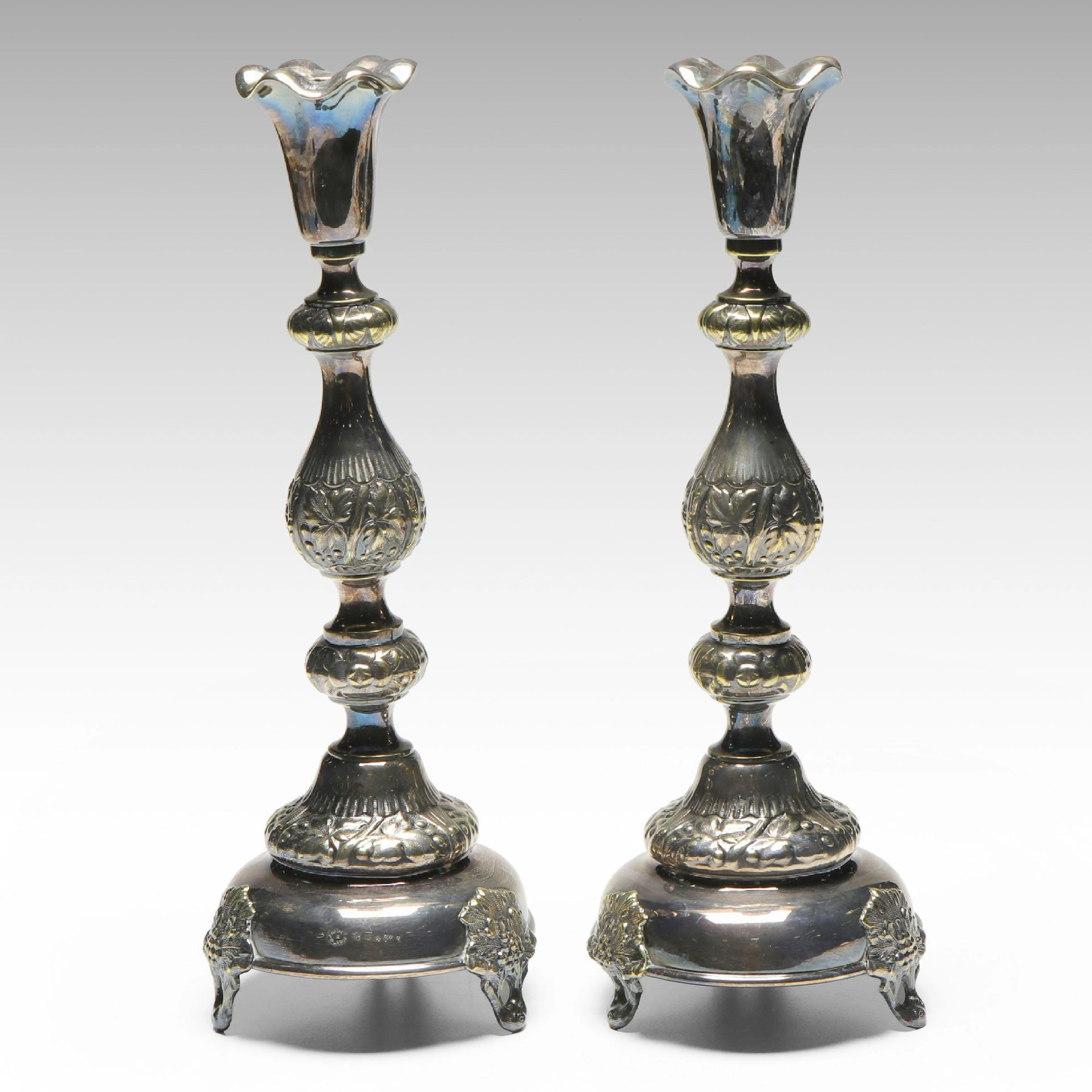 Joseph Fraget Silver Plate Shabbat Candlesticks, Late 19th/Early 20th Century