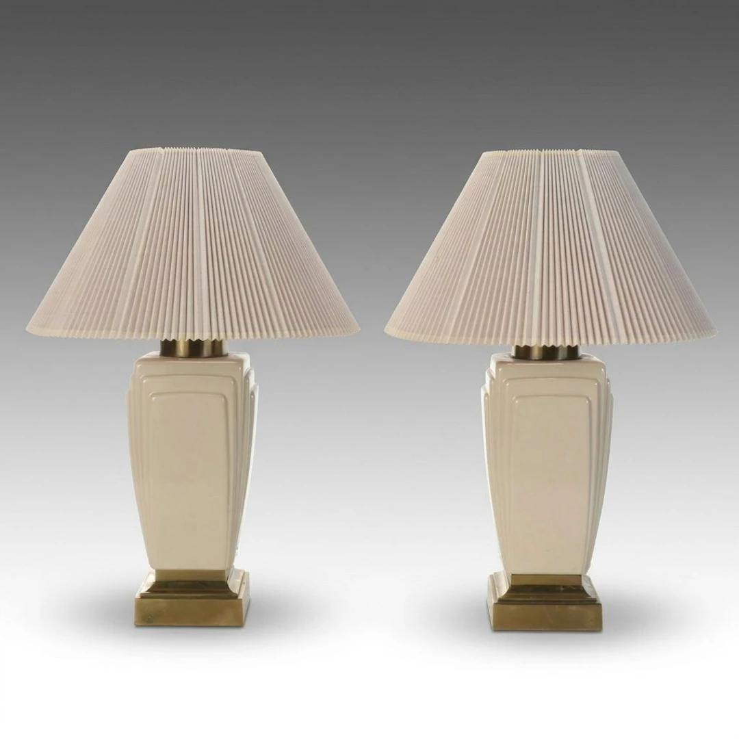 Stiffel Deco Ceramic and Brass Table Lamps with Pleated Shades, Late 20th C