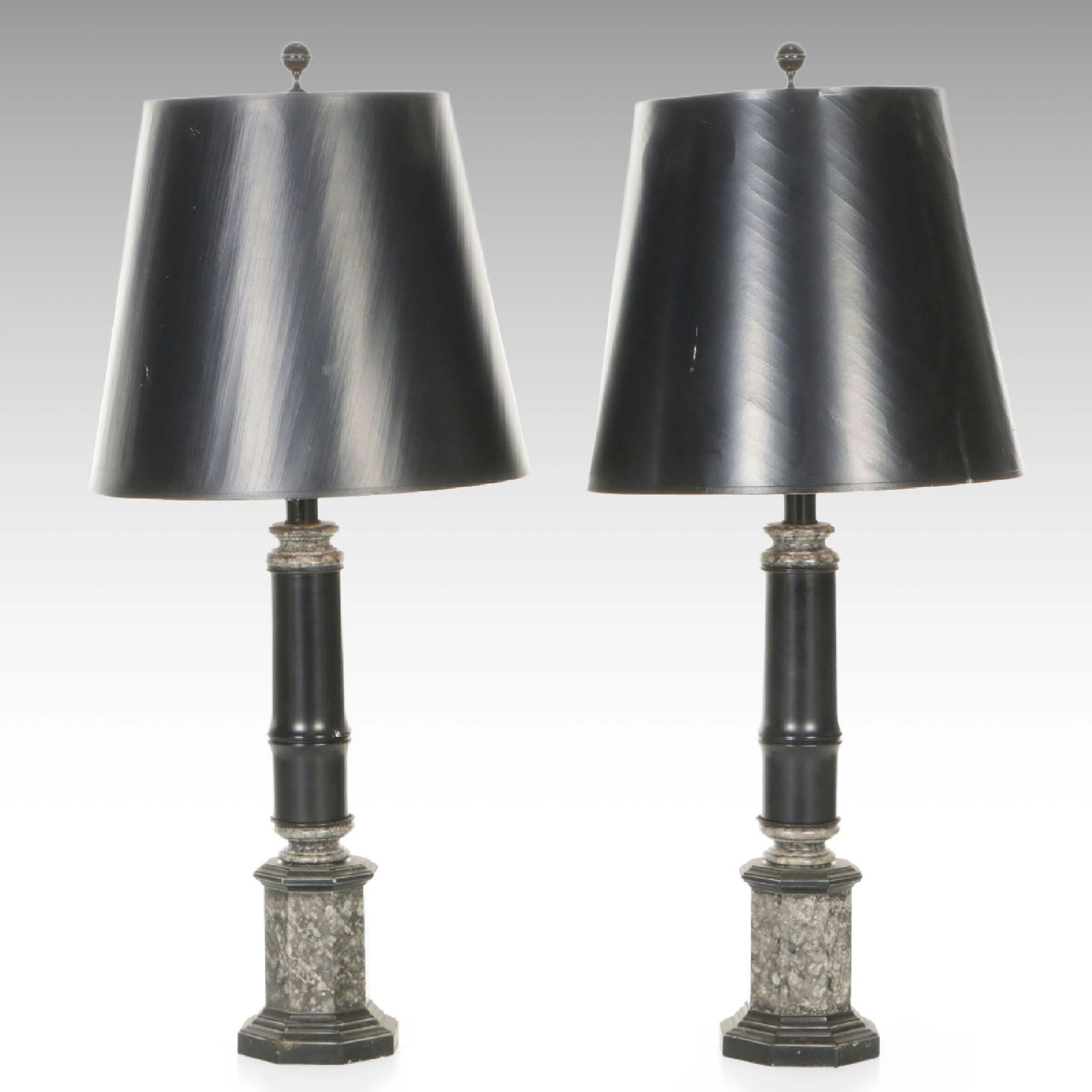 Pair of Empire Style Granite and Lacquered Octagonal Pillar Table Lamps