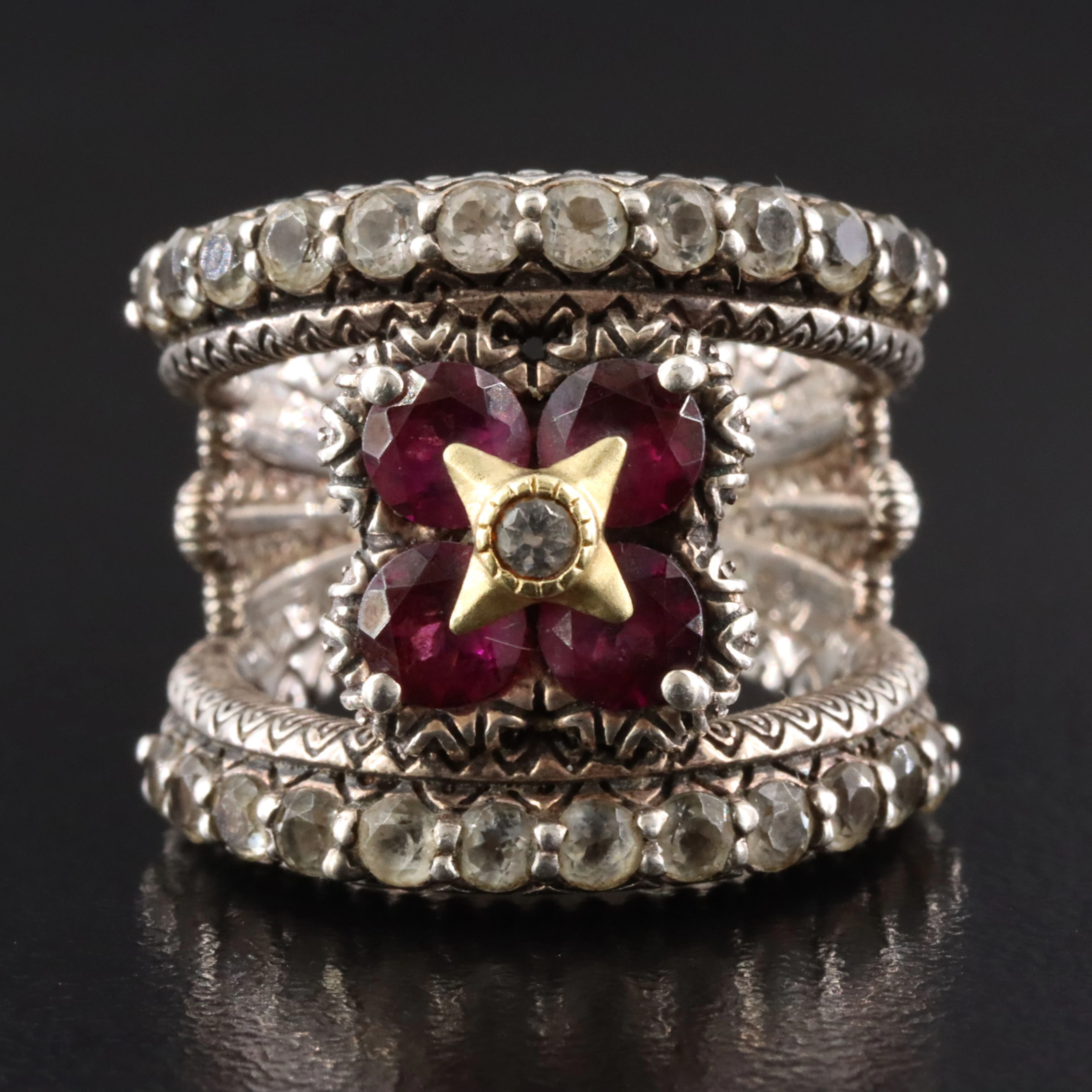 Barbara Bixby Sterling Rhodolite Garnet & White Topaz Flower Ring