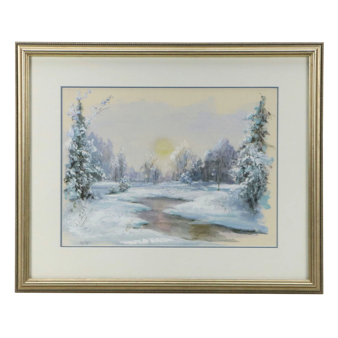 Kay Dyer Gouache Painting of Snowy Landscape, Mid to Late 20th Century
