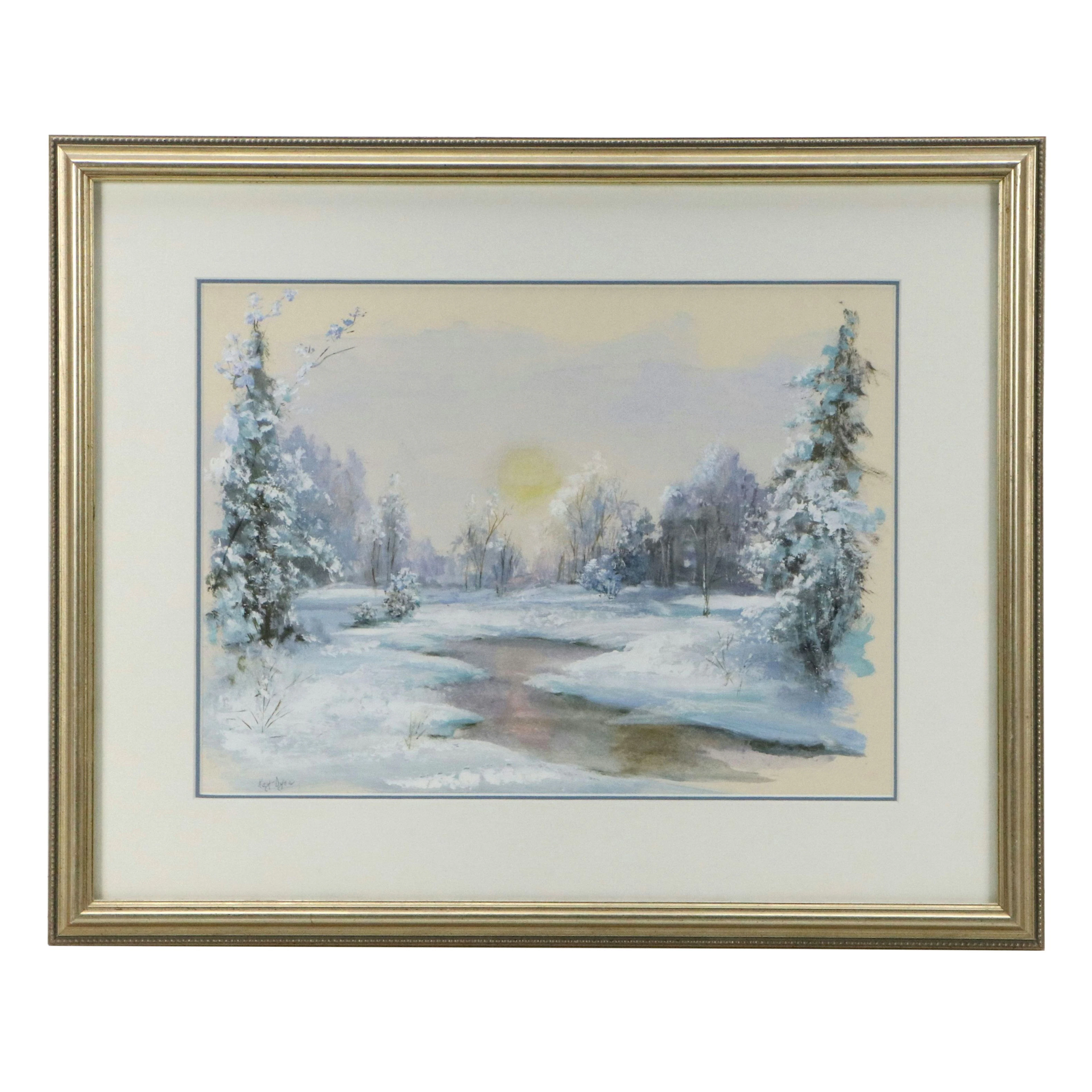 Kay Dyer Gouache Painting of Snowy Landscape, Mid to Late 20th Century