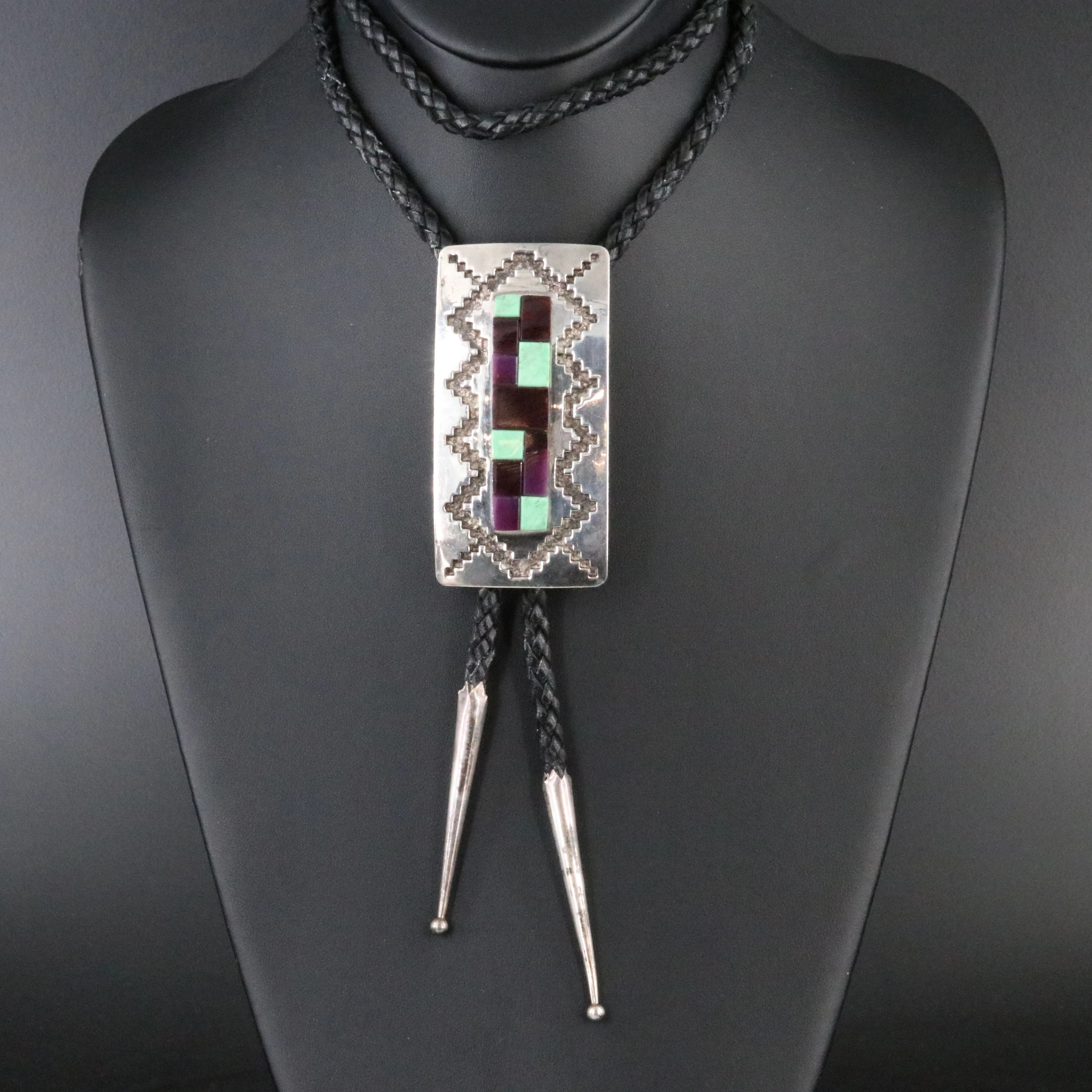 Signed Southwestern Sterling Sugilite and Variscite Rug Pattern Bolo Tie