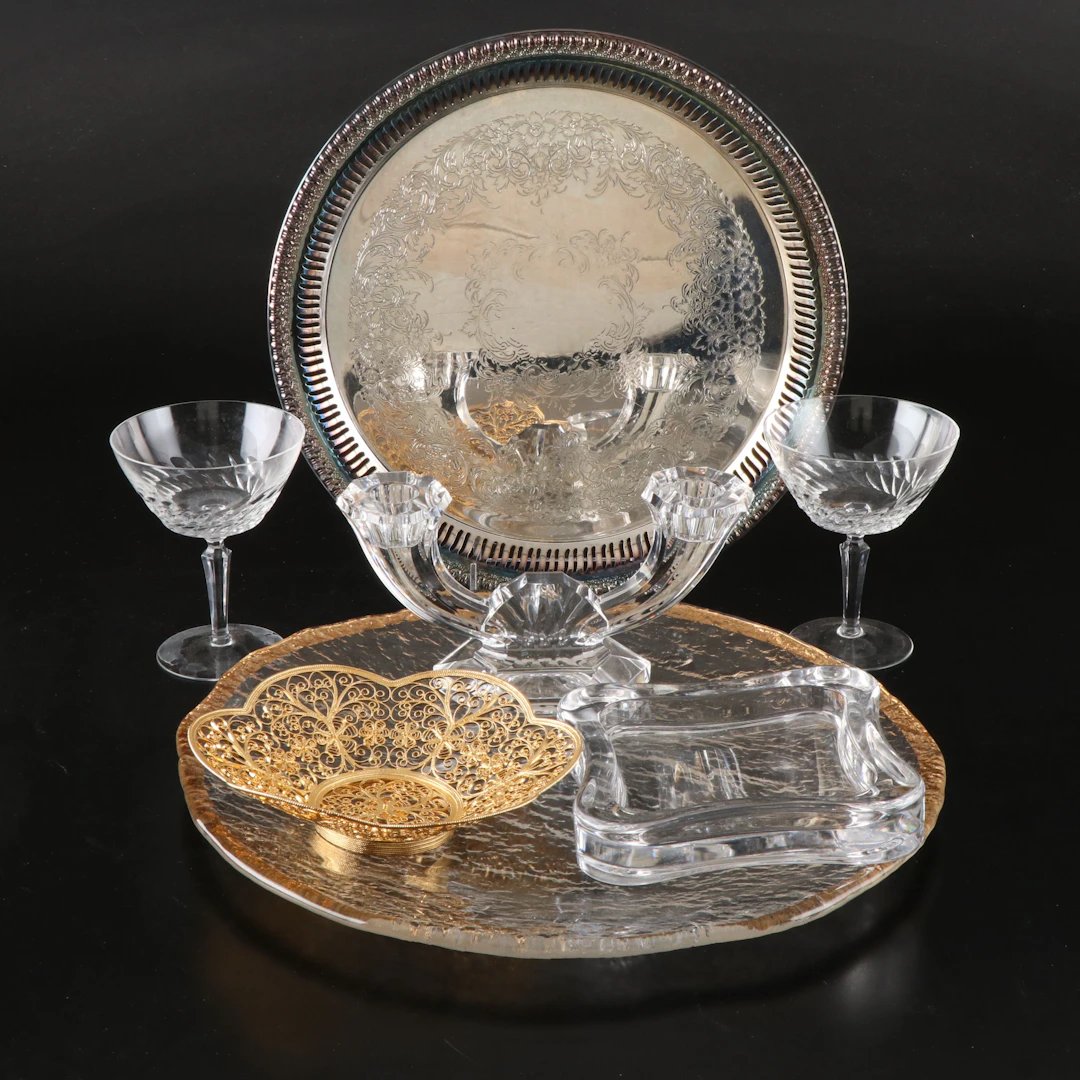 Val St. Lambert Dual Candlestick, Russian Cannetille Bowl and Other Décor