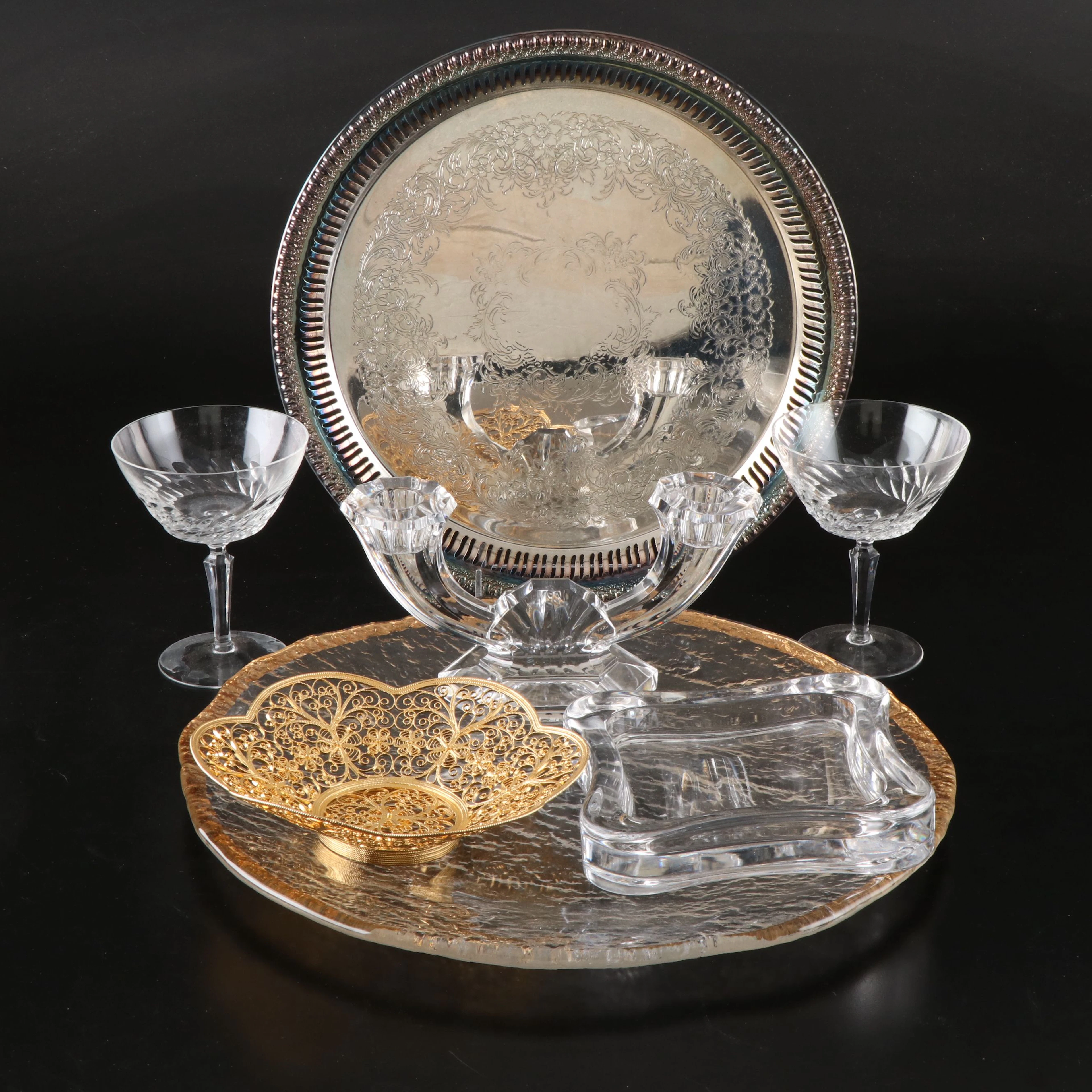 Val St. Lambert Dual Candlestick, Russian Cannetille Bowl and Other Décor