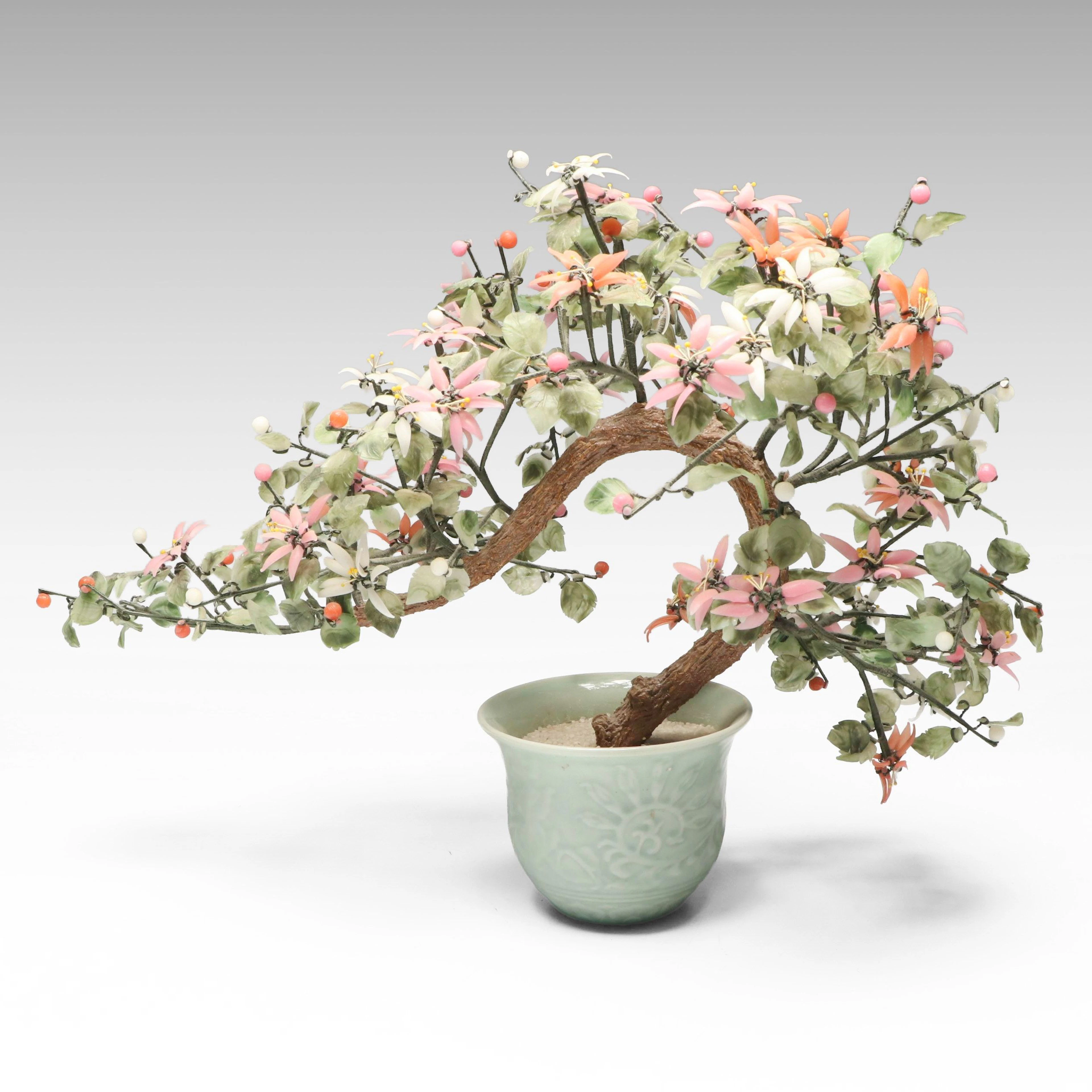 Chinese Glass Bonsai Tree Sculpture in Celadon Planter