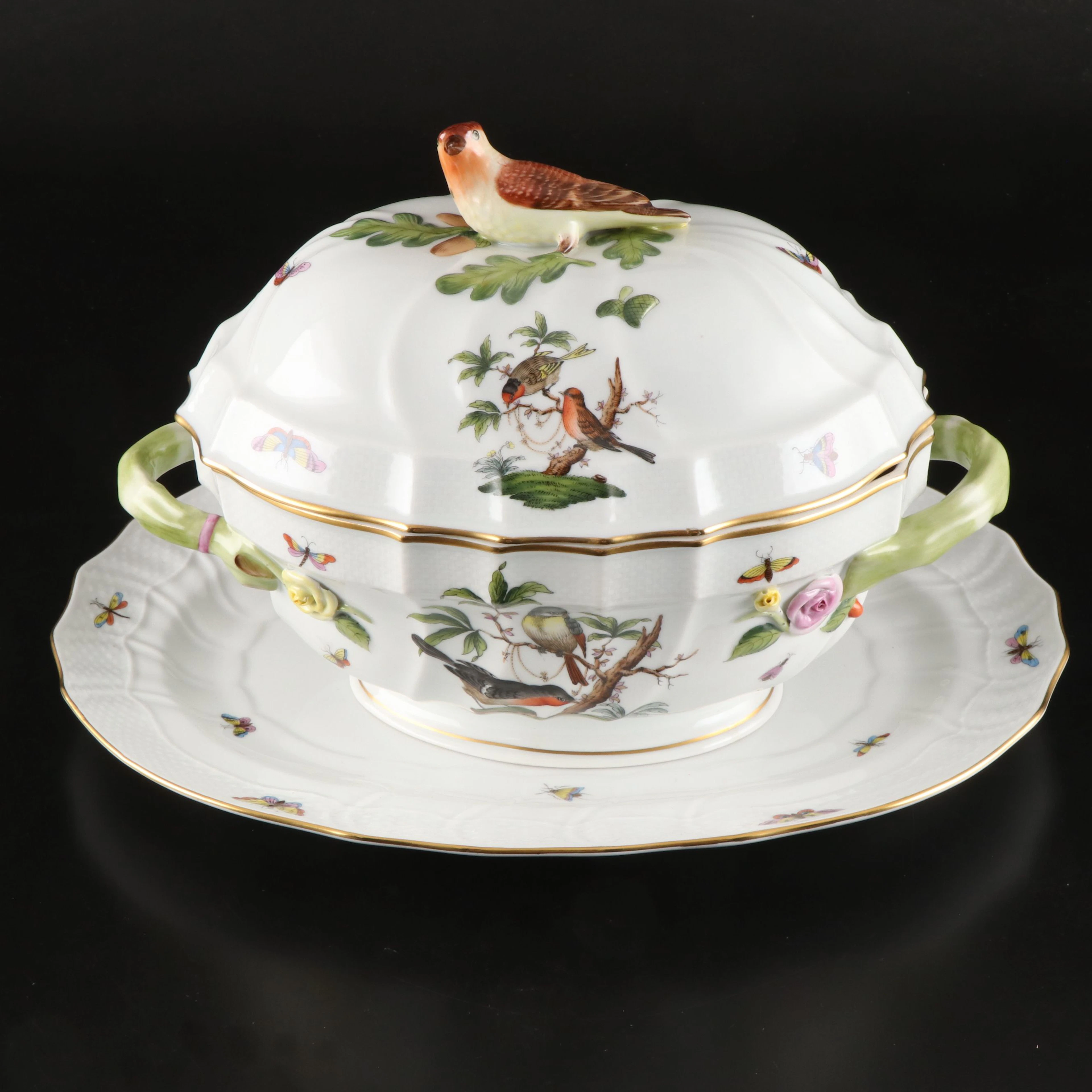 Herend Porcelain "Rothschild Bird" Oval Tureen with Bird Finial and Platter