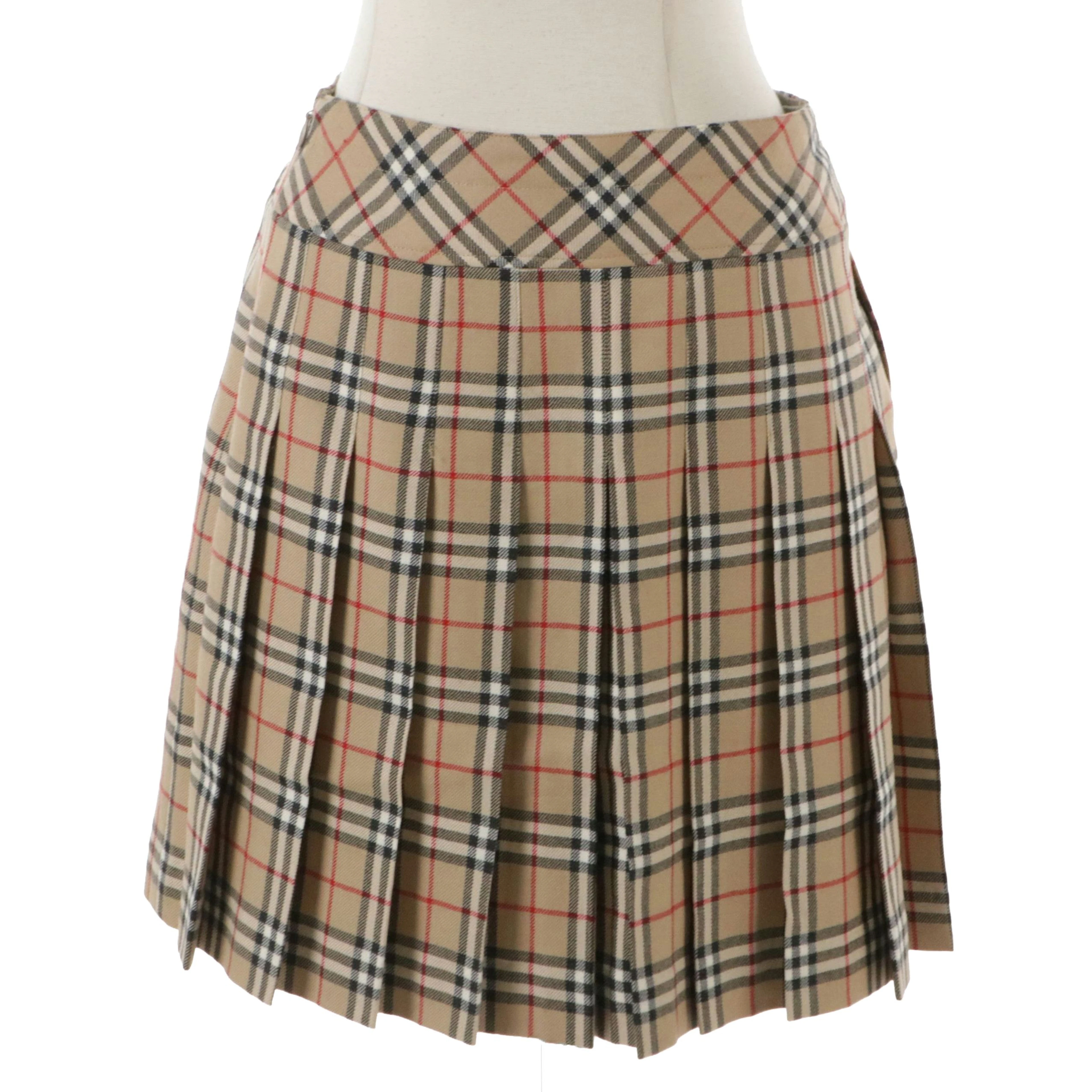 Burberry House Check Pleated Wool Miniskirt with Buckle Details