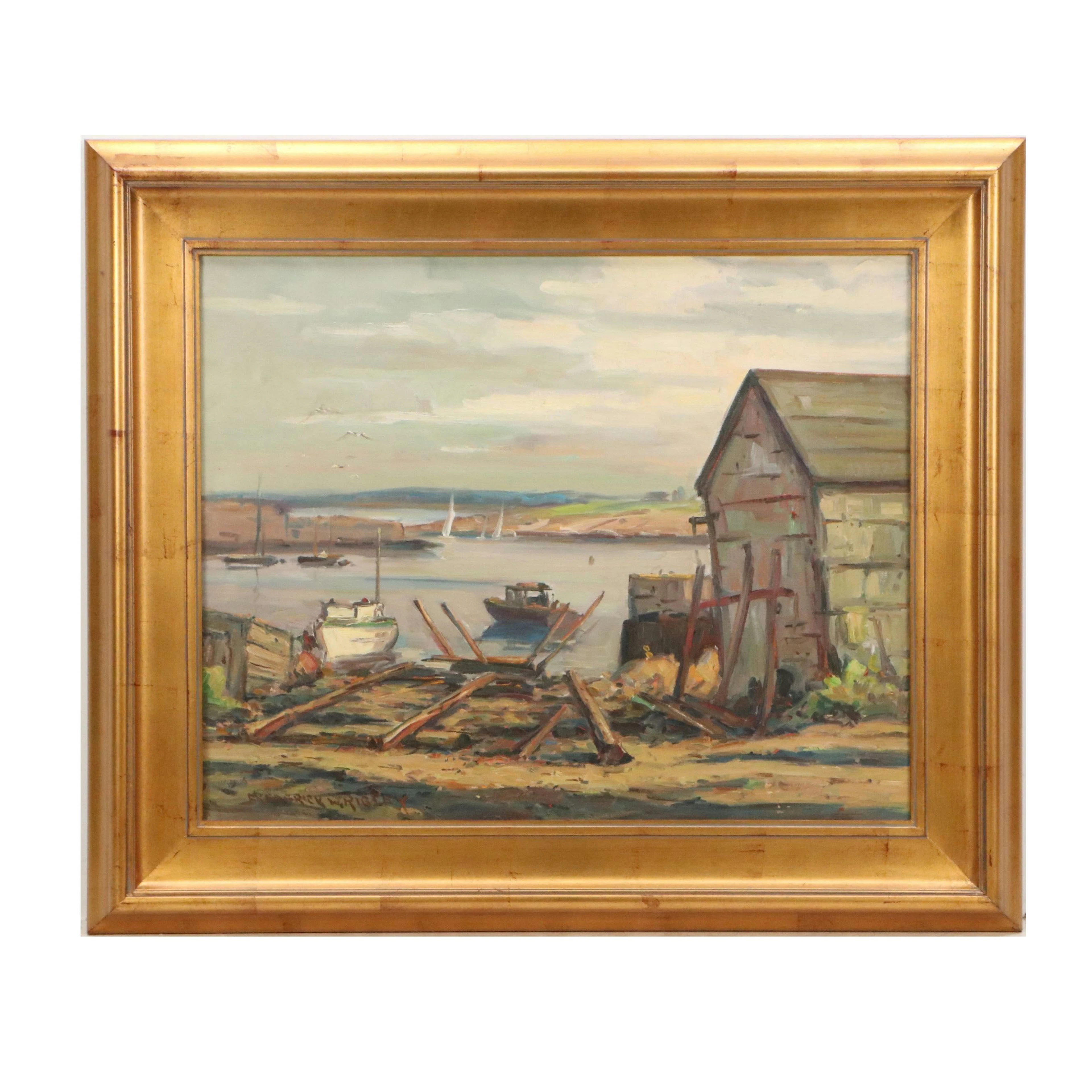 Frederick W. Rigley Oil Painting of Port Scene, Late 20th Century