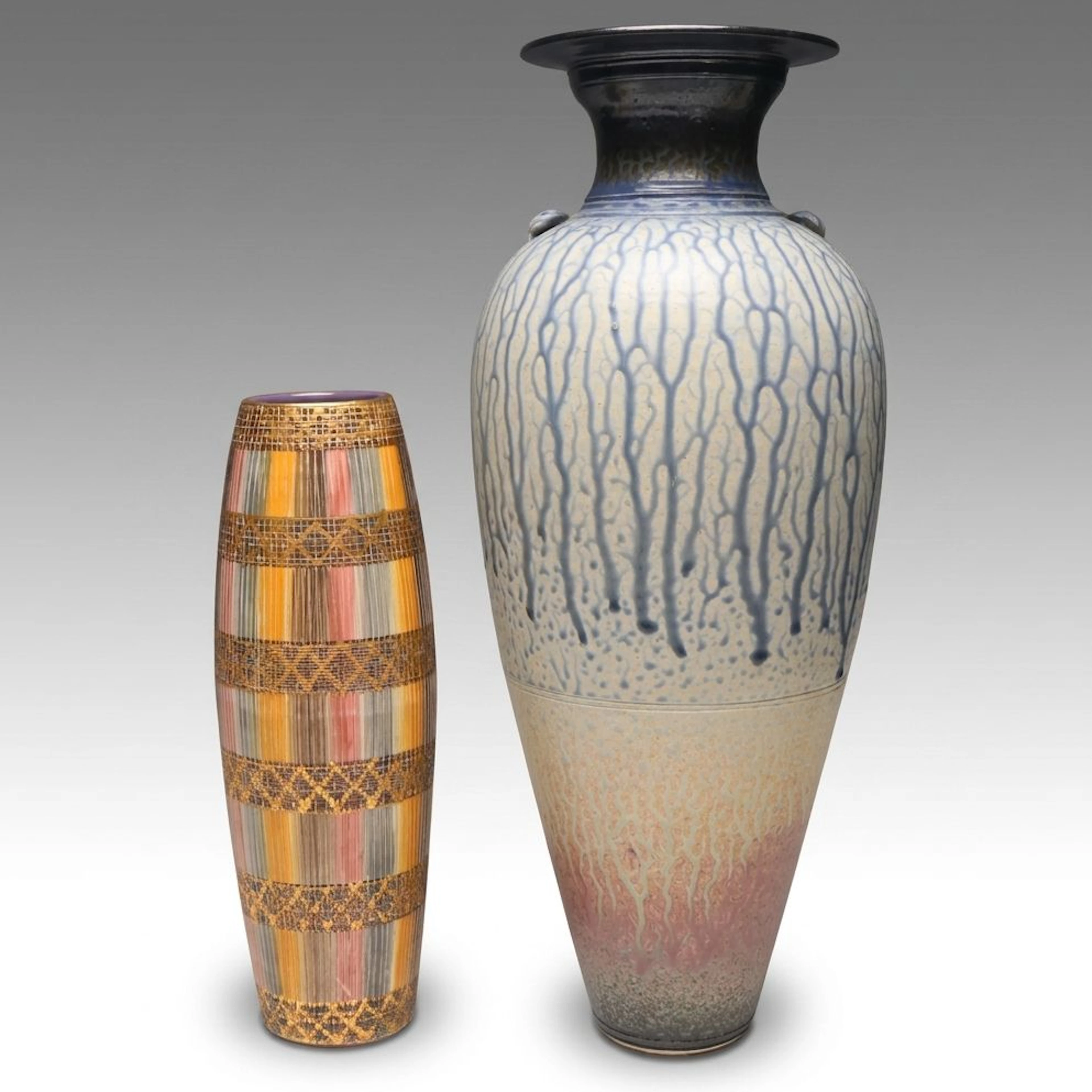 Aldo Londi for Bitossi "Seta" Sgraffito Vase with Richard Aerni Drip Glaze Vase