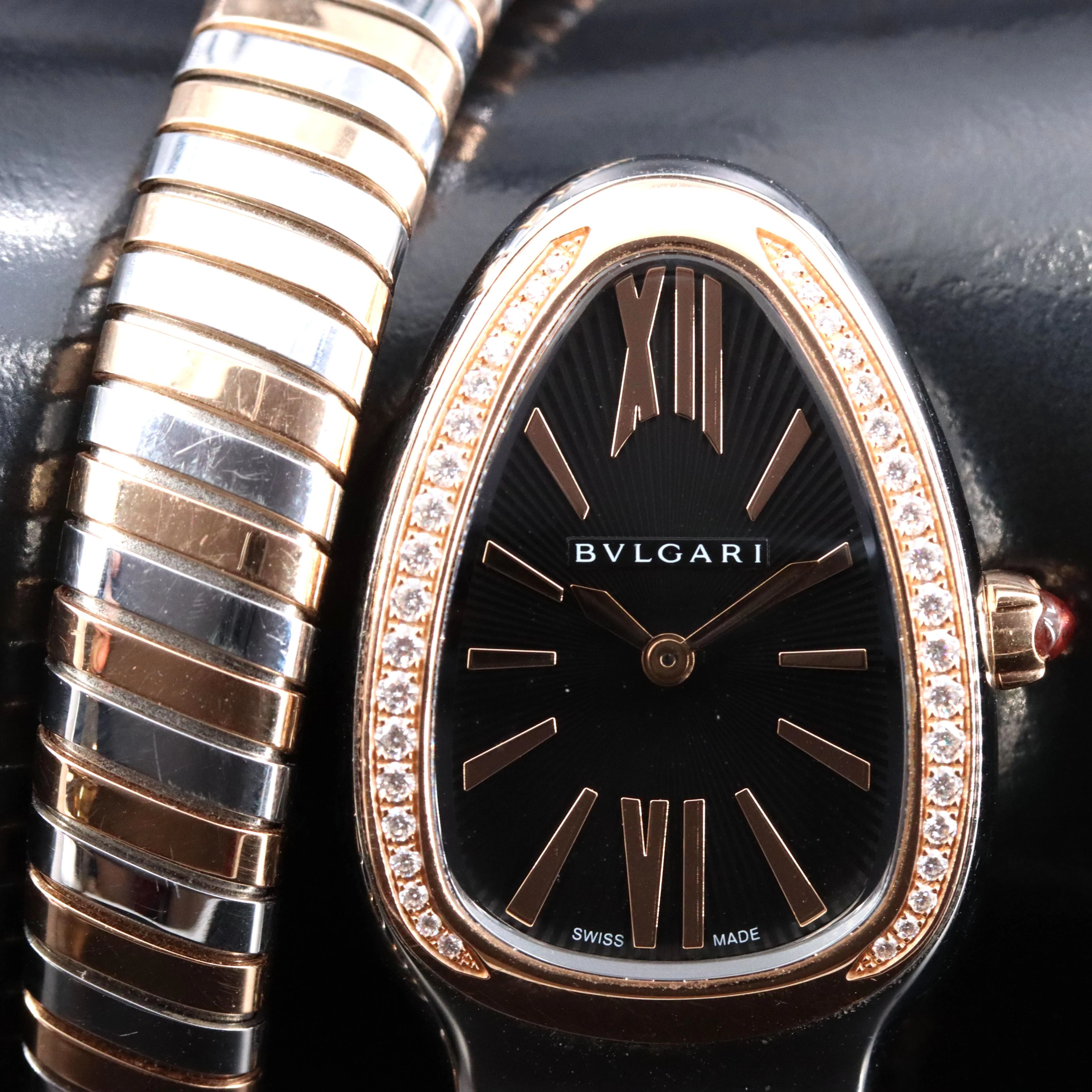 BVLGARI Serpenti Tubogas Diamond 18K Rose Gold Steel 23mm Quartz Watch