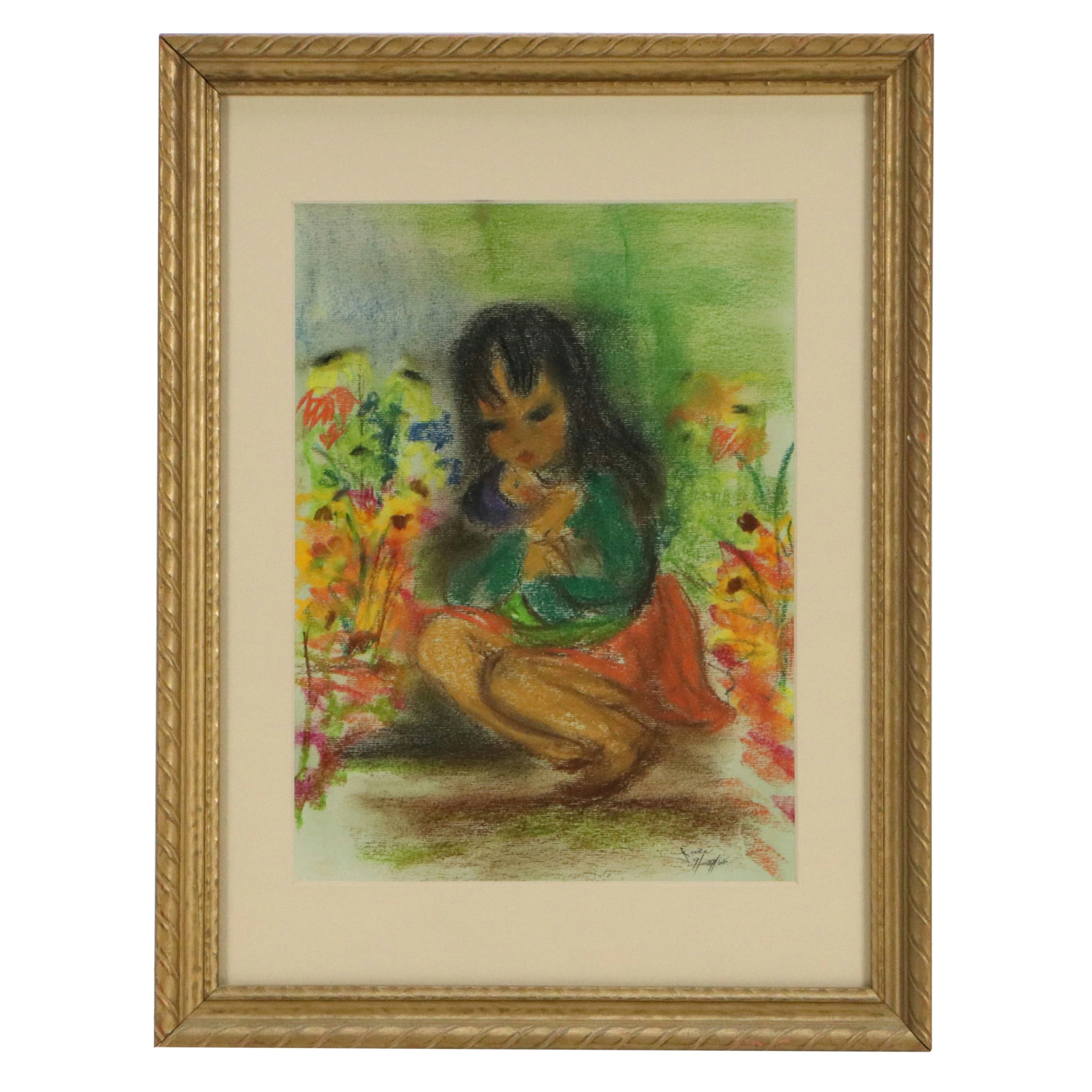 Stylized Pastel Drawing of Girl Kneeling Among Flower with Doll, 1966
